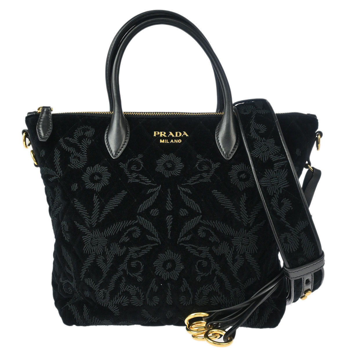 Prada Black Embroidered Velvet 2way Shoulder Handbag