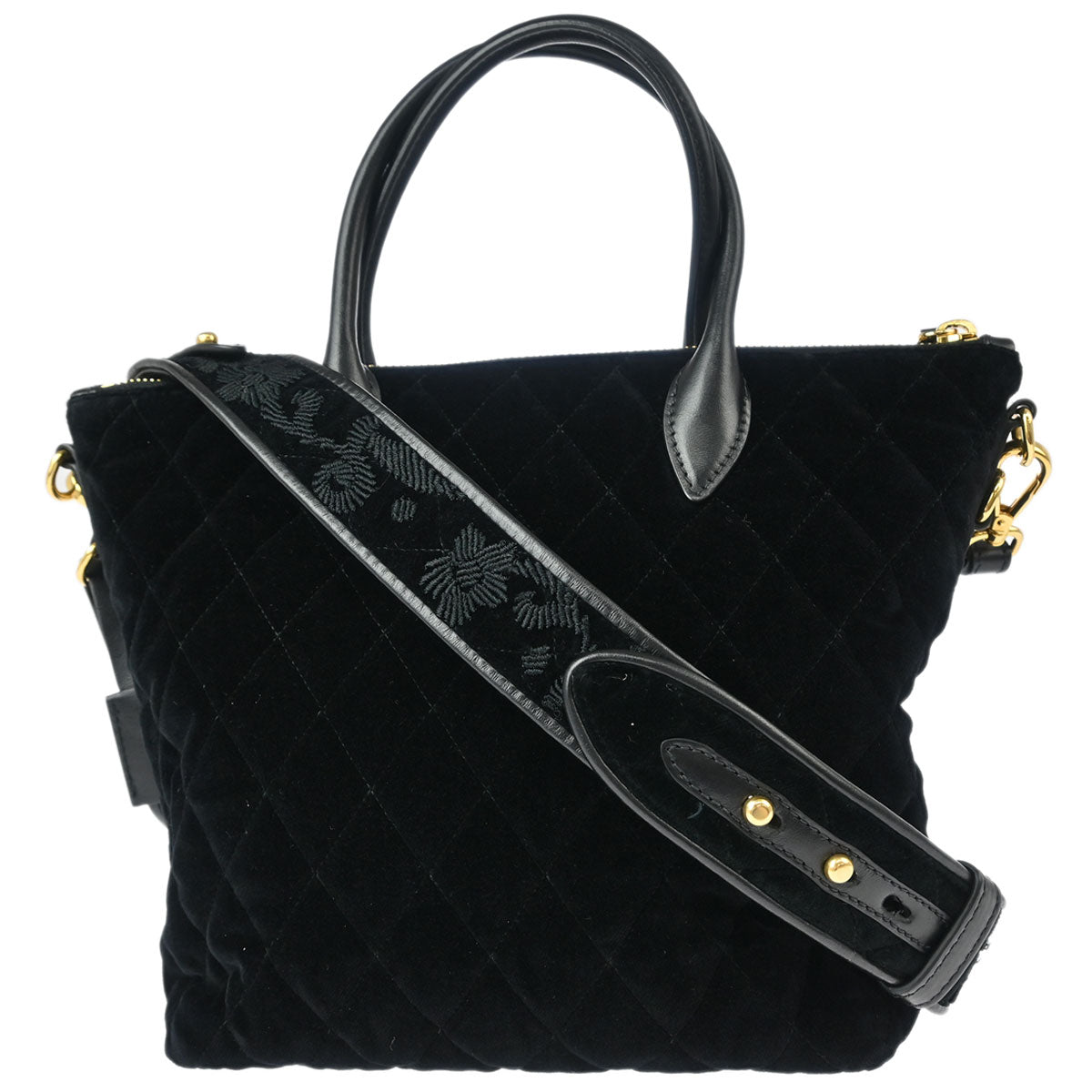 Prada Black Embroidered Velvet 2way Shoulder Handbag