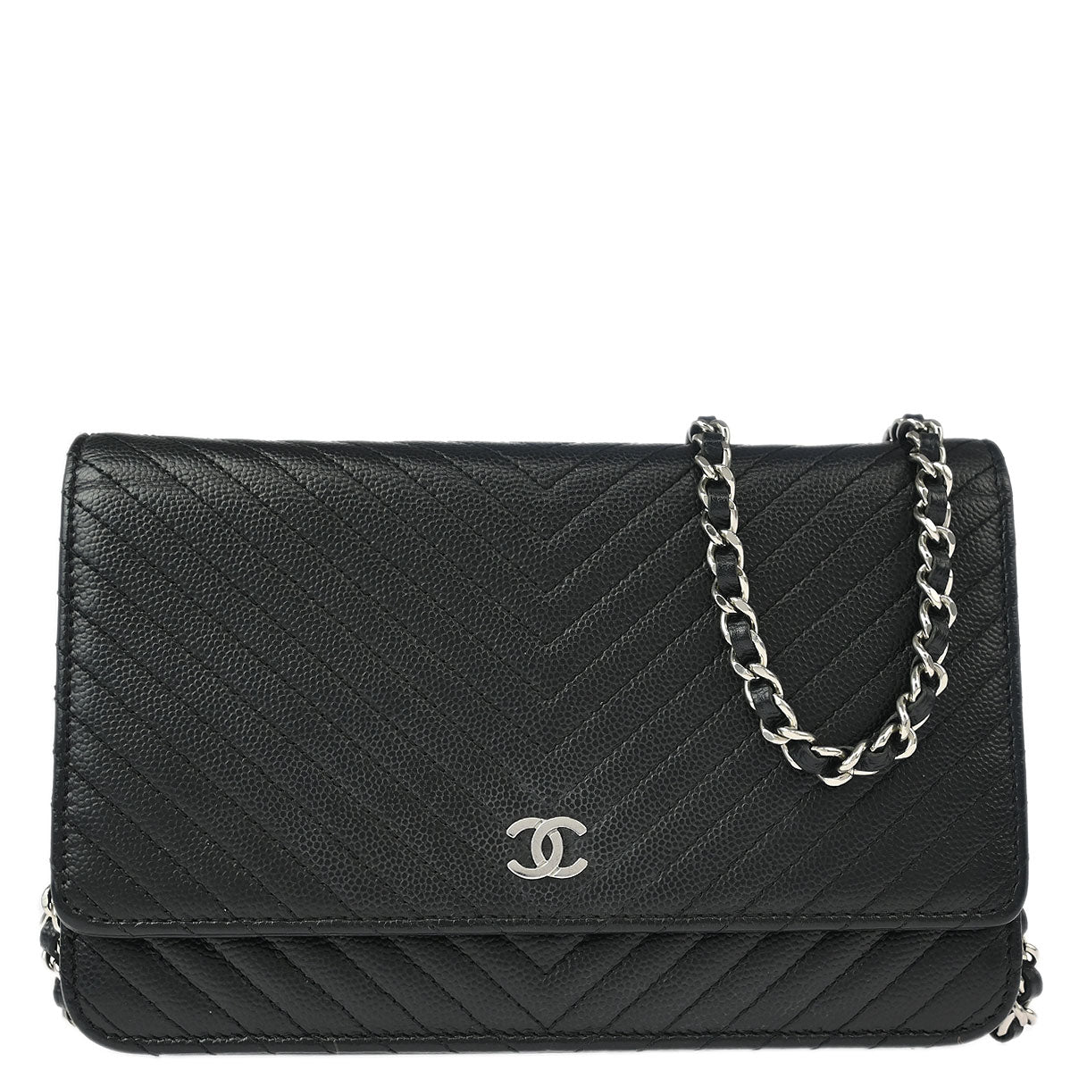 Chanel 2016-2017 Black Caviar Chevron WOC Wallet on Chain Shoulder Bag