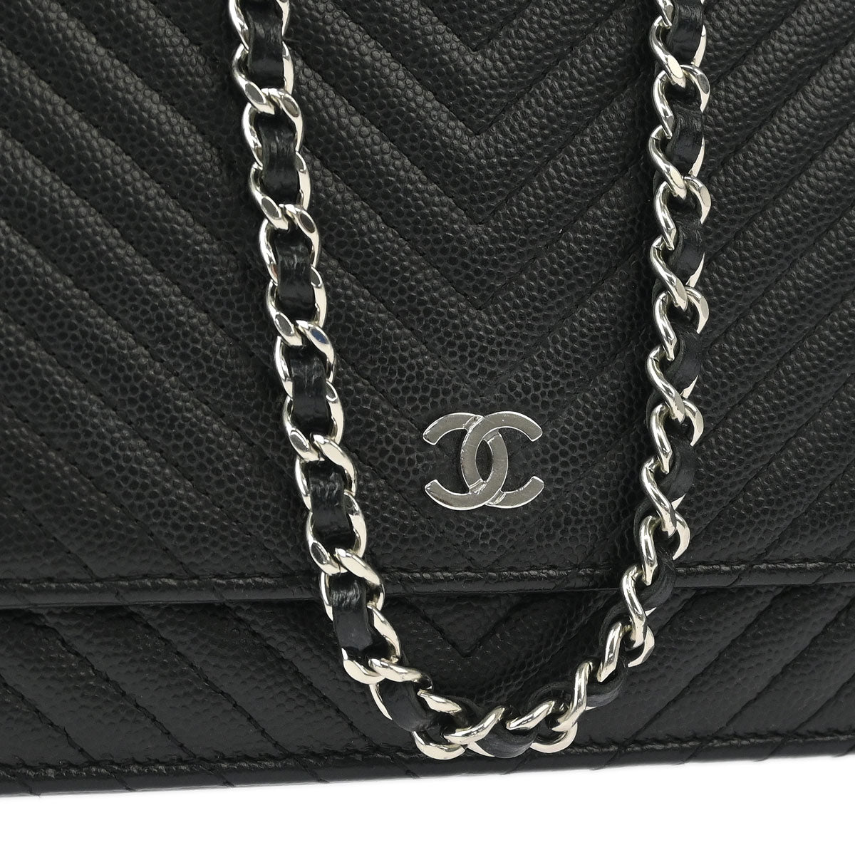 Chanel 2016-2017 Black Caviar Chevron WOC Wallet on Chain Shoulder Bag