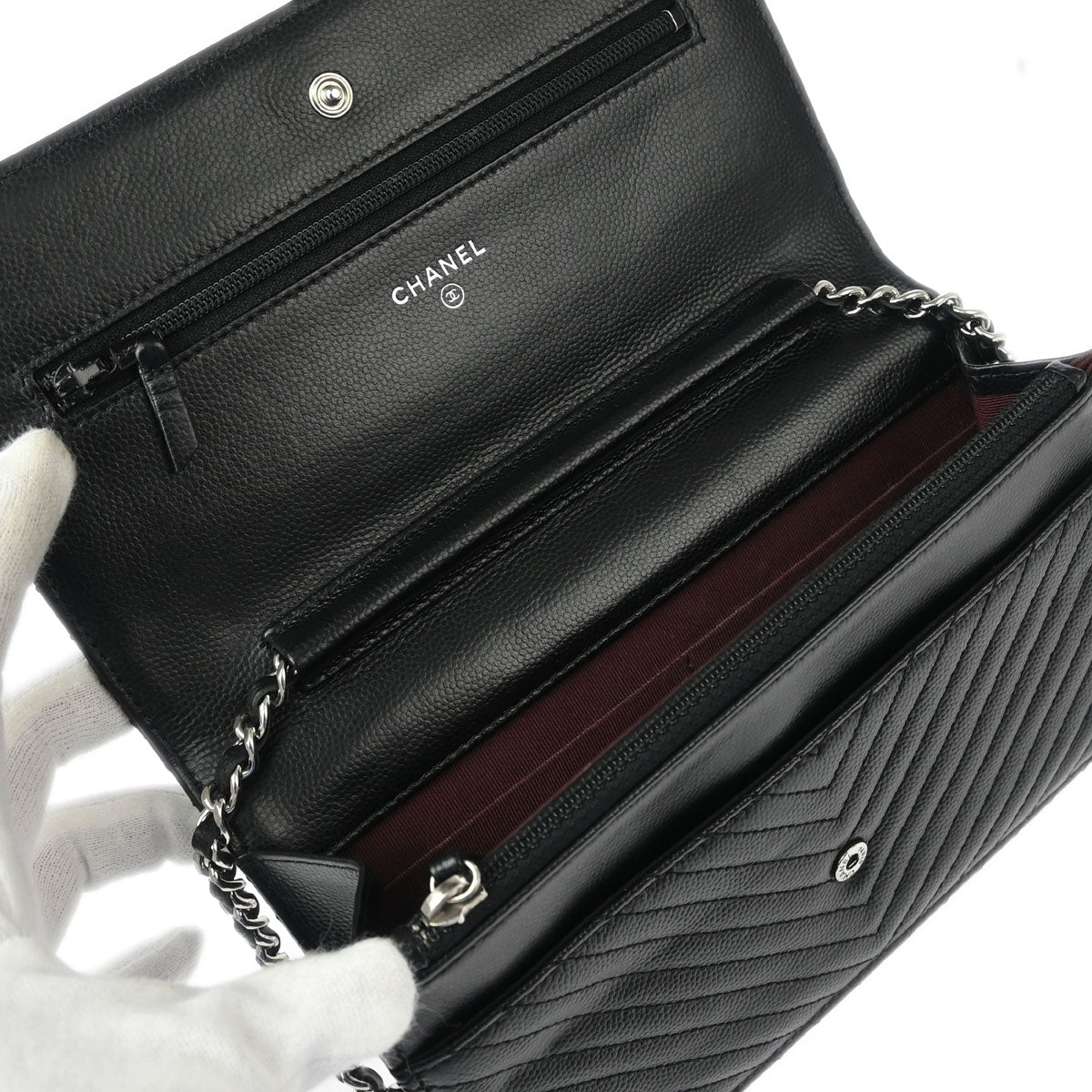 Chanel 2016-2017 Black Caviar Chevron WOC Wallet on Chain Shoulder Bag