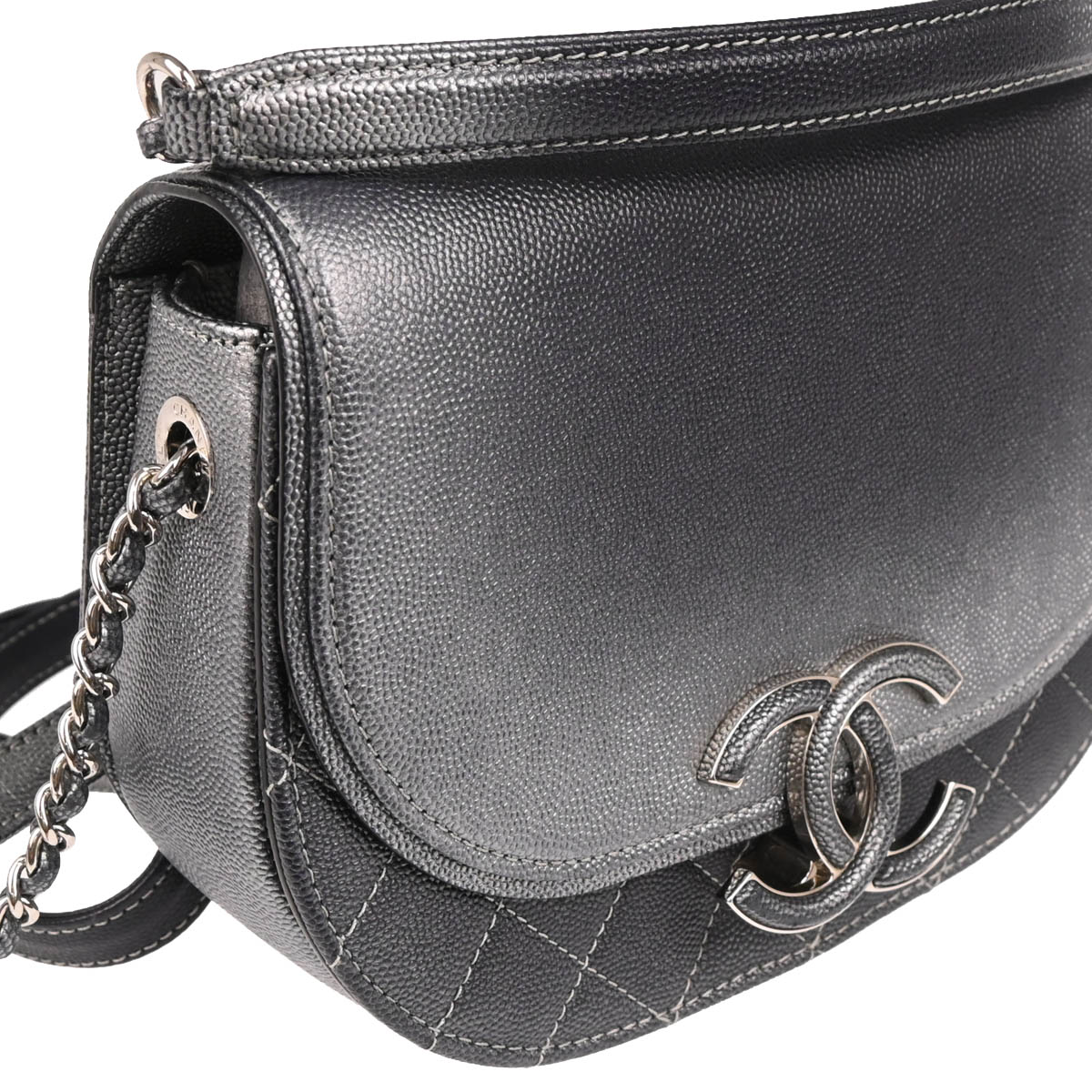 Chanel 2019 Gray Silver Caviar Coco Curve 2way Shoulder Handbag