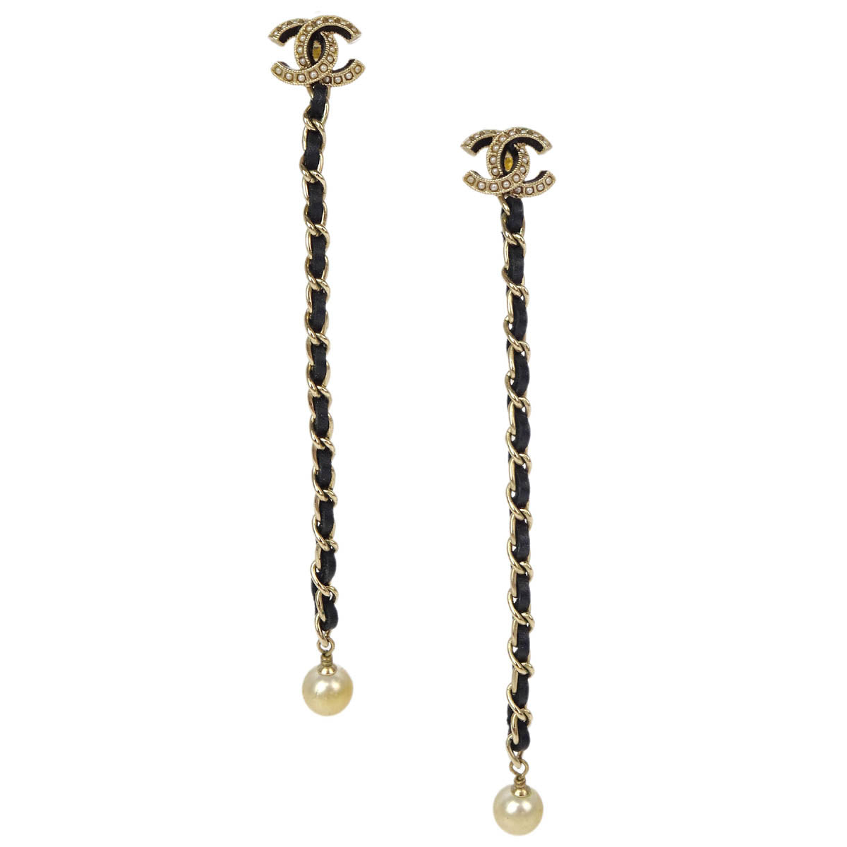 Chanel Dangle Piercing Earrings Costume Pearl CC Gold Black A19S