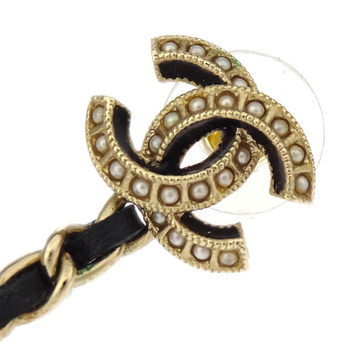 Chanel Dangle Piercing Earrings Costume Pearl CC Gold Black A19S