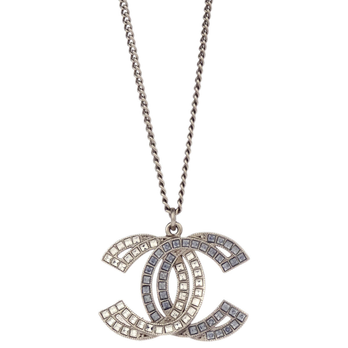 Chanel CC Chain Necklace Pendant Rhinestone Silver 16C