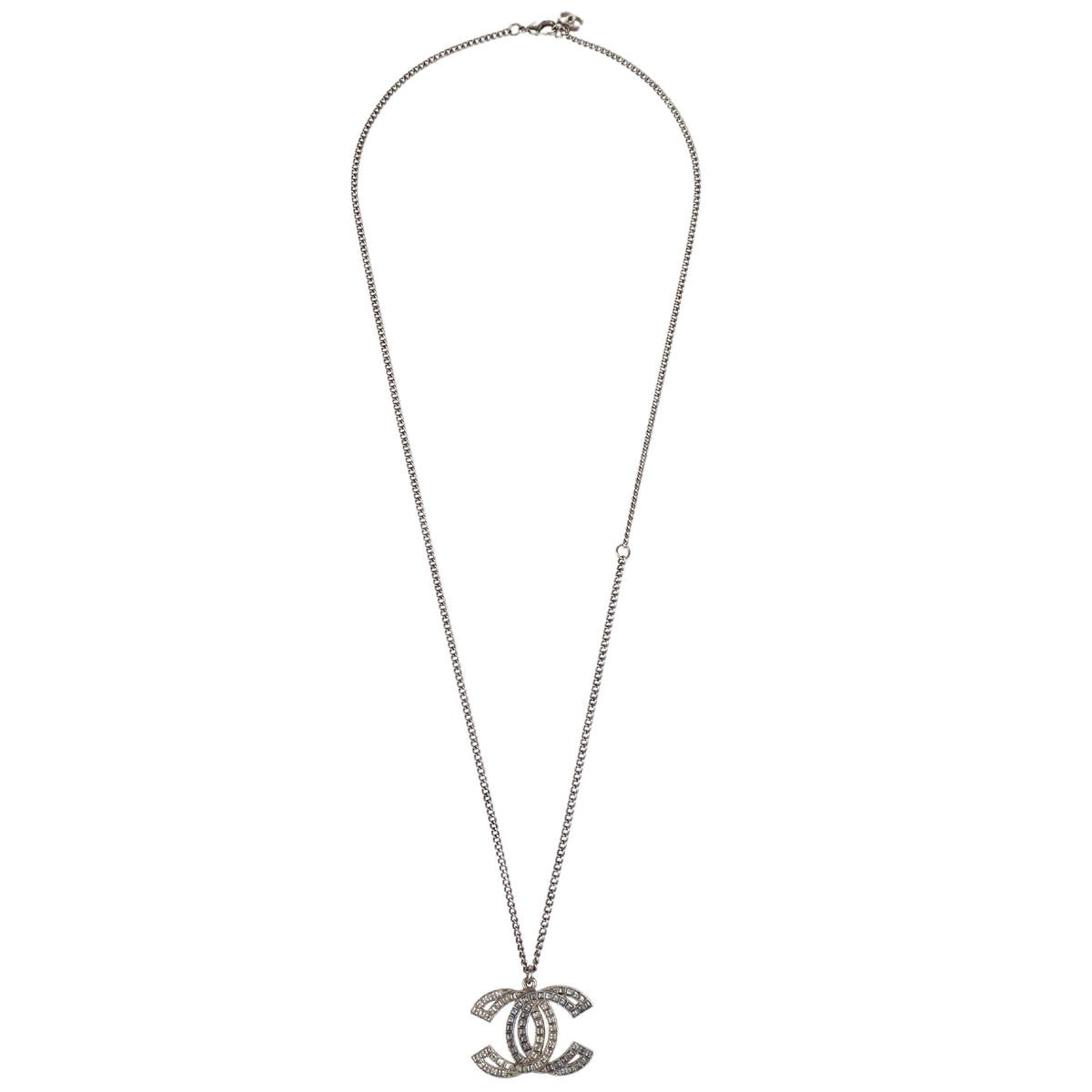 Chanel CC Chain Necklace Pendant Rhinestone Silver 16C
