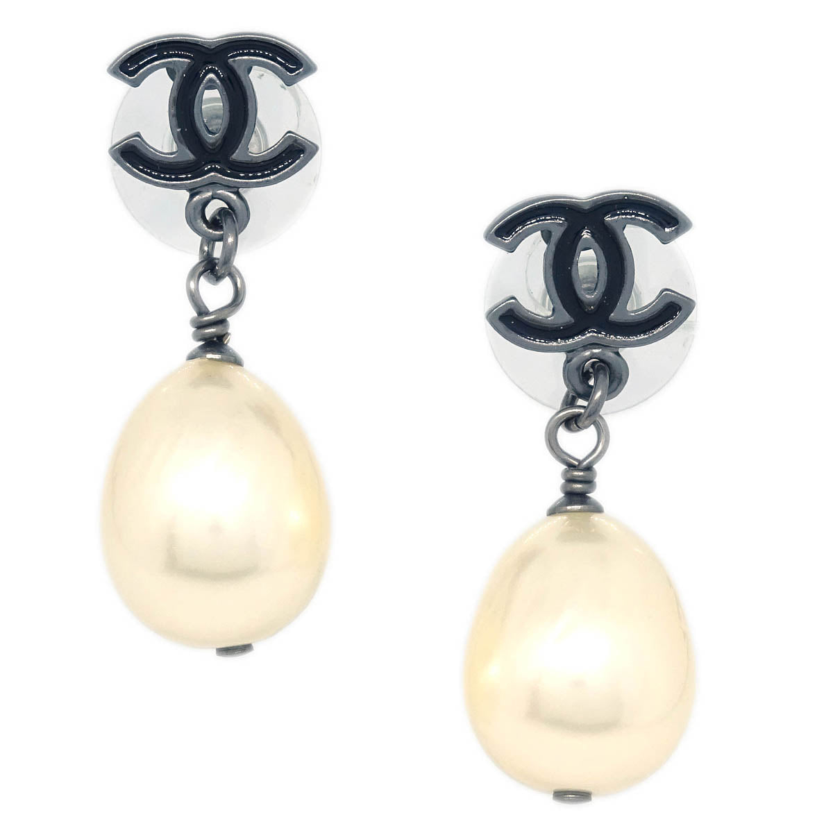 Chanel Dangle Piercing Earrings Costume Pearl CC Silver A11P