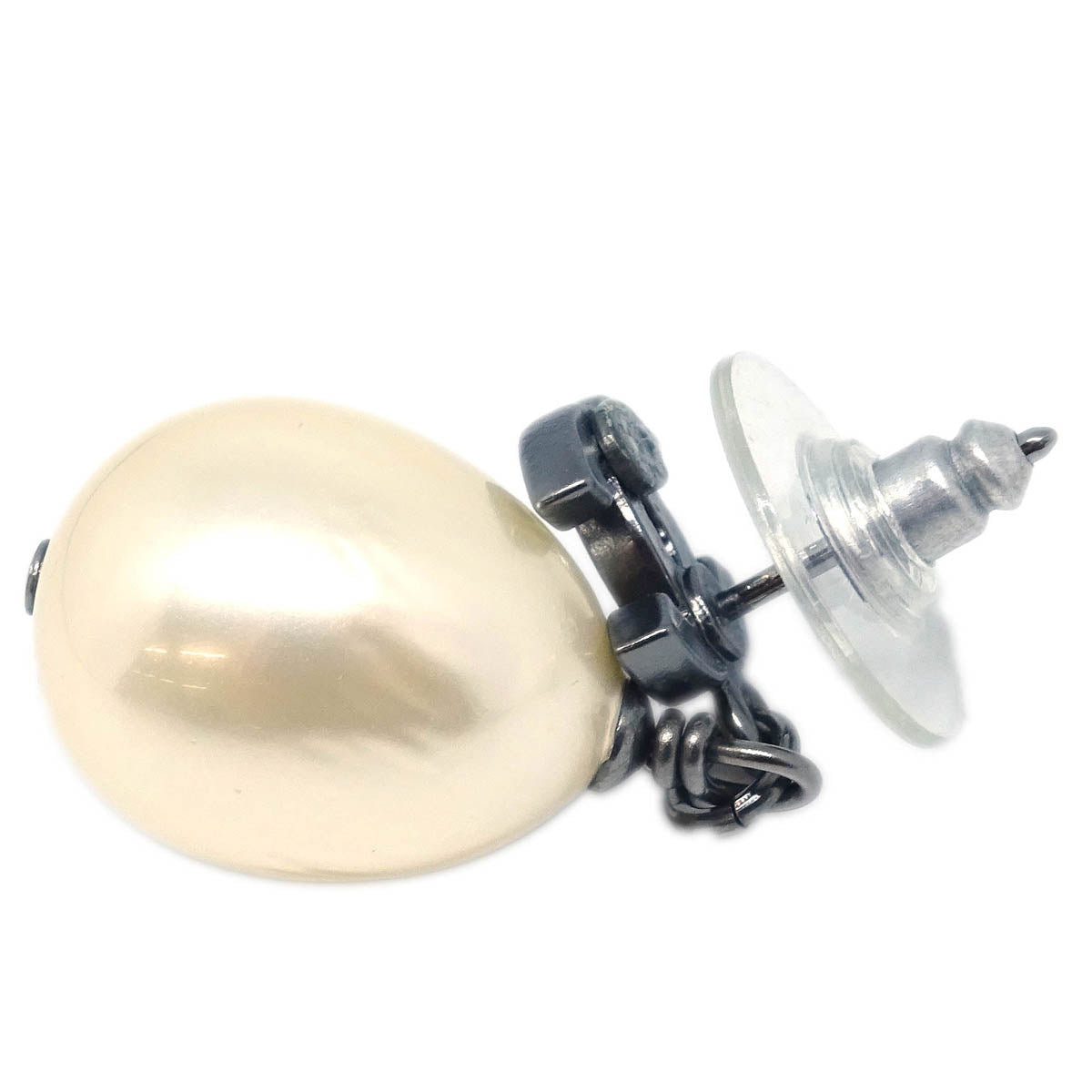 Chanel Dangle Piercing Earrings Costume Pearl CC Silver A11P