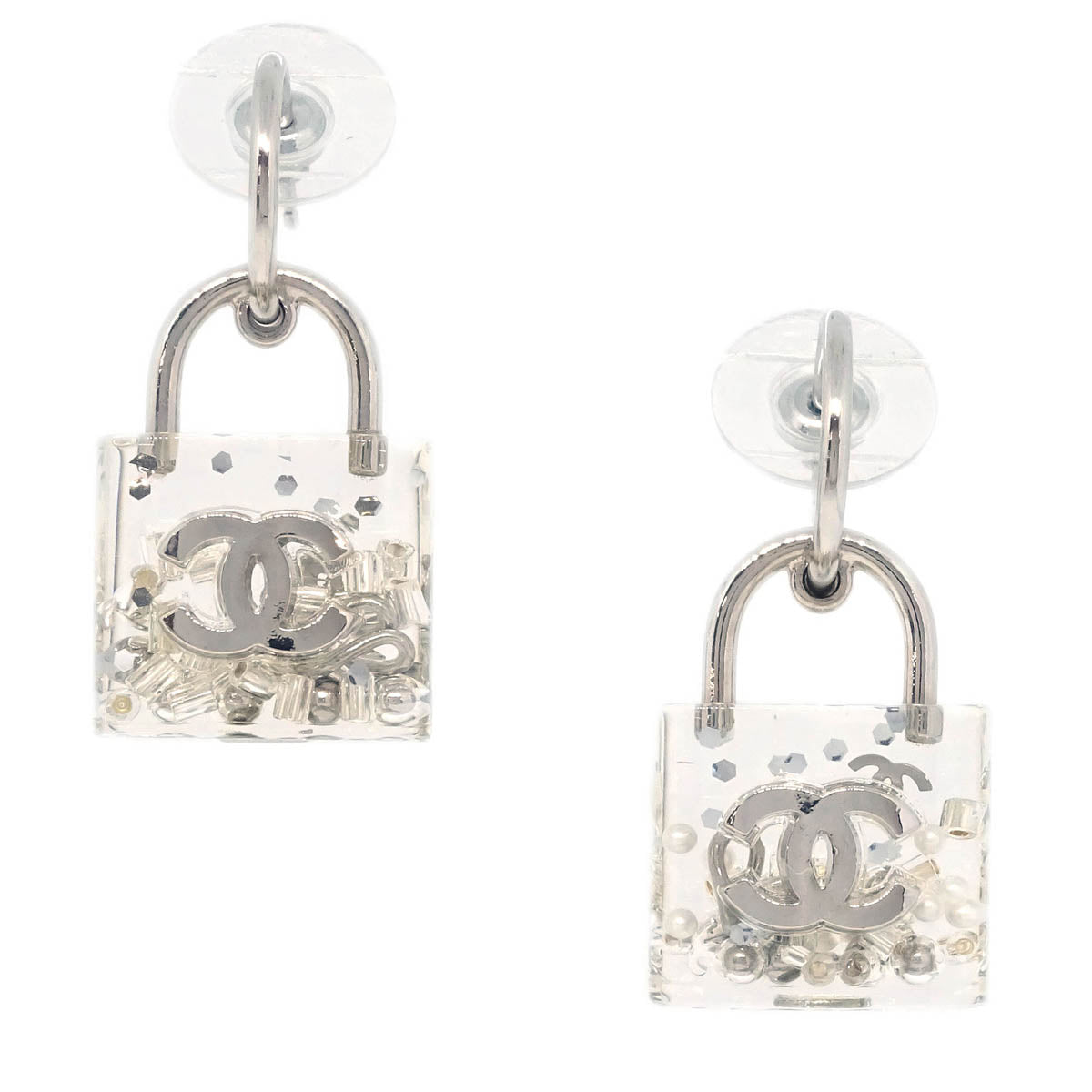 Chanel Dangle Piercing Earrings Silver Padlock 14K