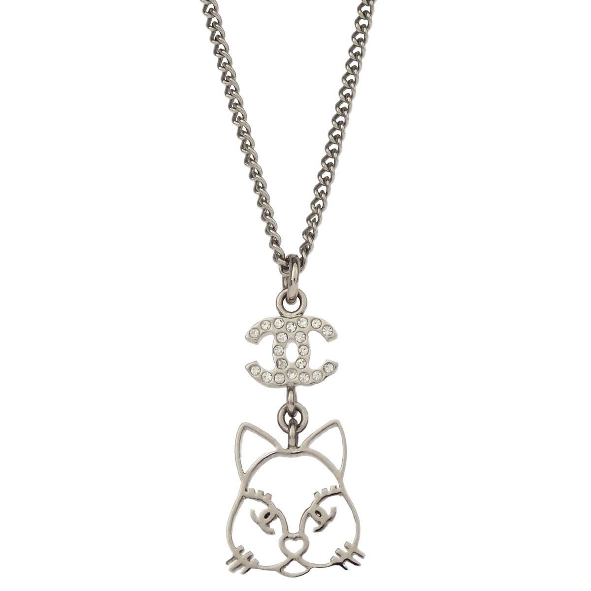 Chanel Cat Chain Necklace Pendant Rhinestone Silver B15K