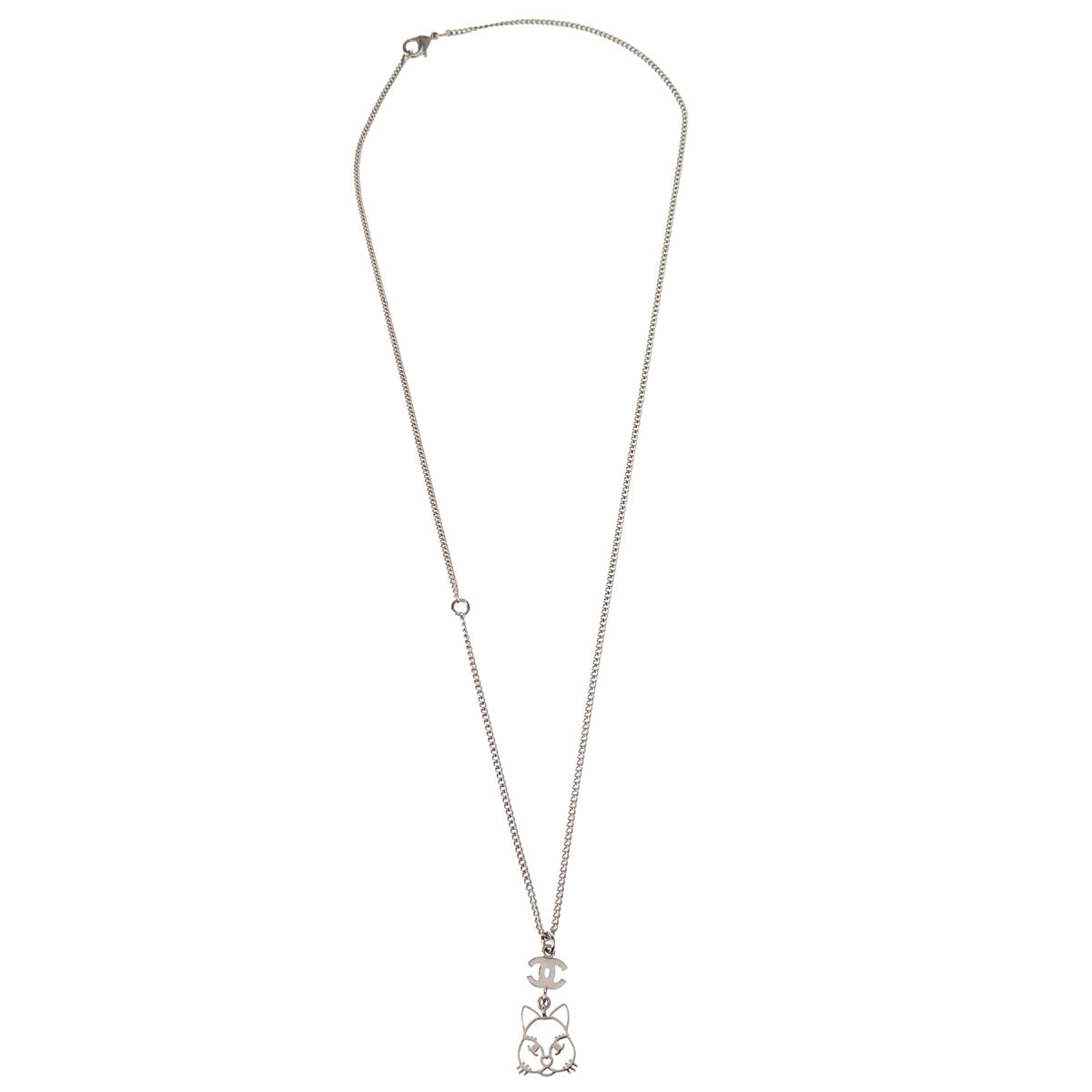 Chanel Cat Chain Necklace Pendant Rhinestone Silver B15K