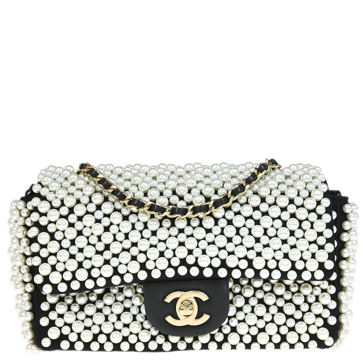 Chanel * 2019 Black White Satin Costume Pearl Shoulder Bag