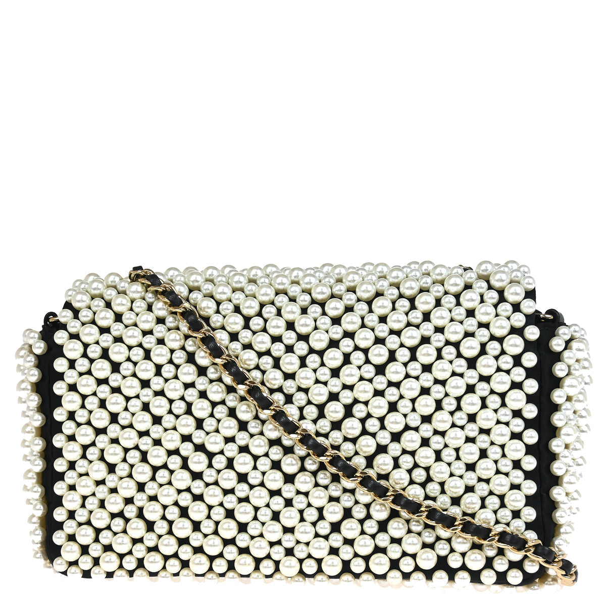 Chanel * 2019 Black White Satin Costume Pearl Shoulder Bag