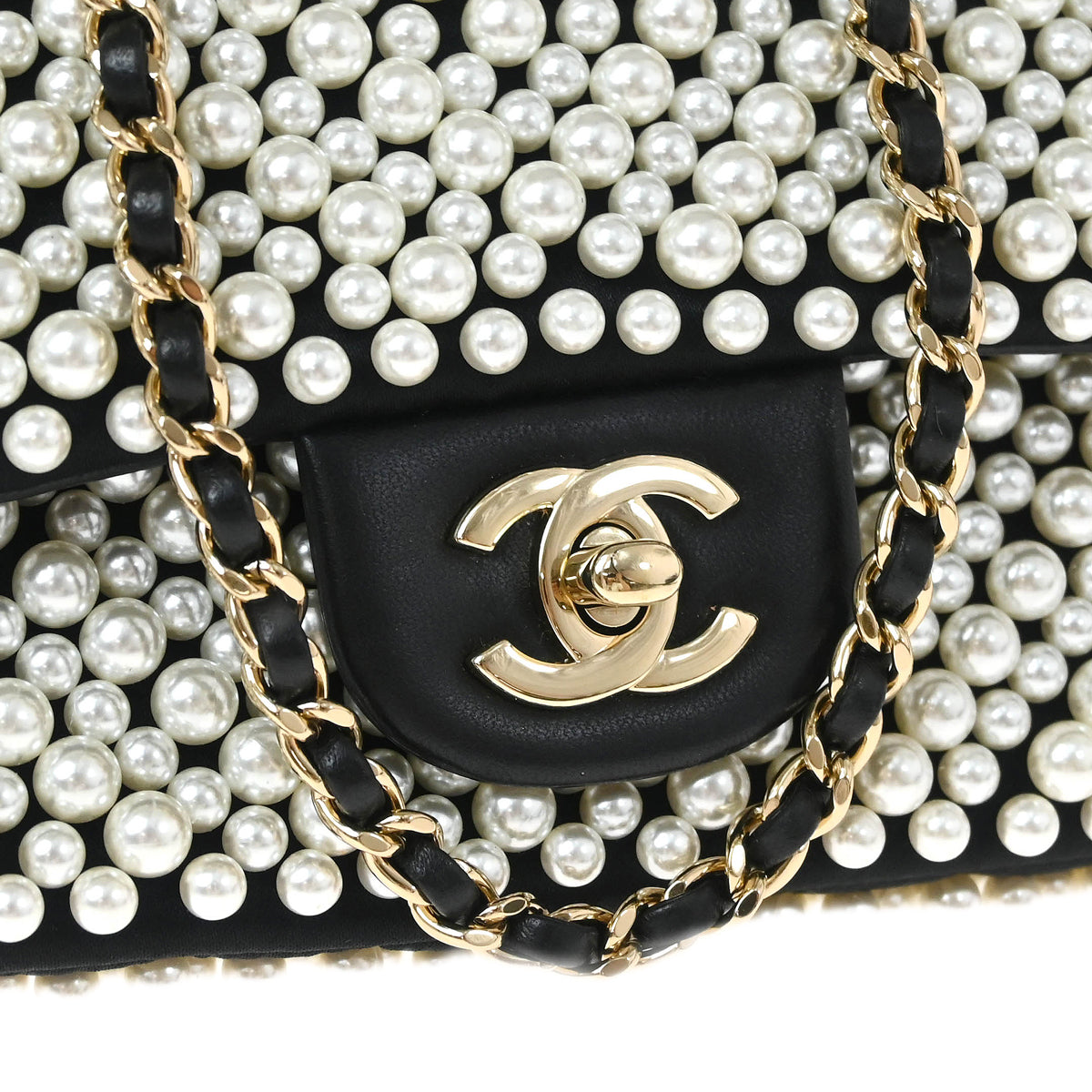 Chanel * 2019 Black White Satin Costume Pearl Shoulder Bag