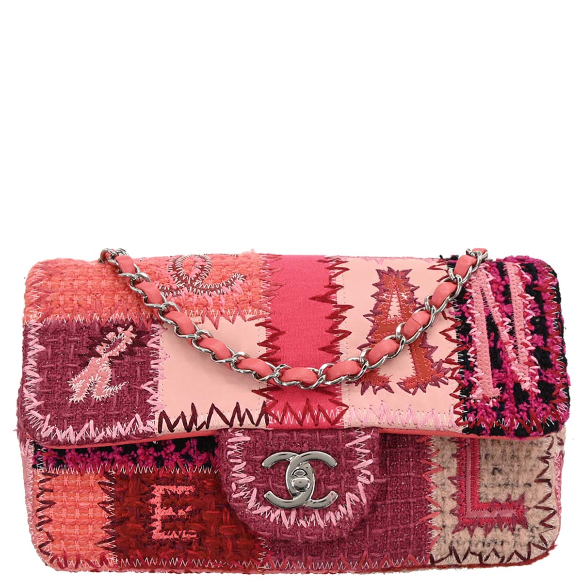 Chanel 2017 Pink Calfskin Tweed Patchwork Medium Classic Single Flap