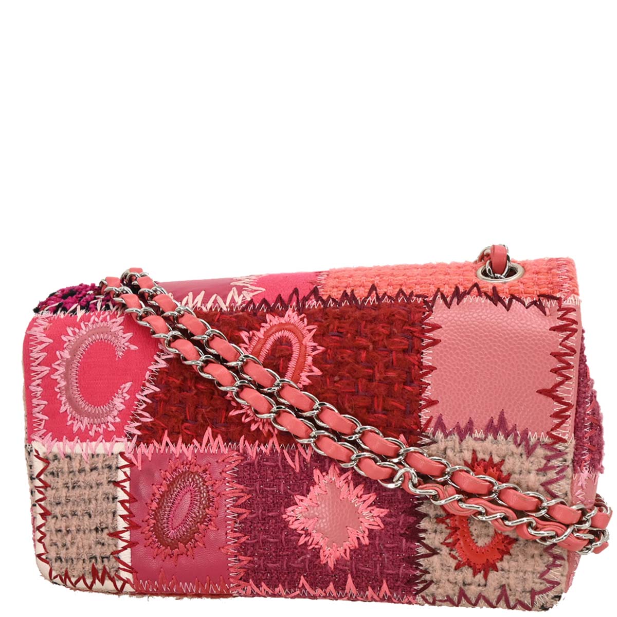Chanel 2017 Pink Calfskin Tweed Patchwork Medium Classic Single Flap