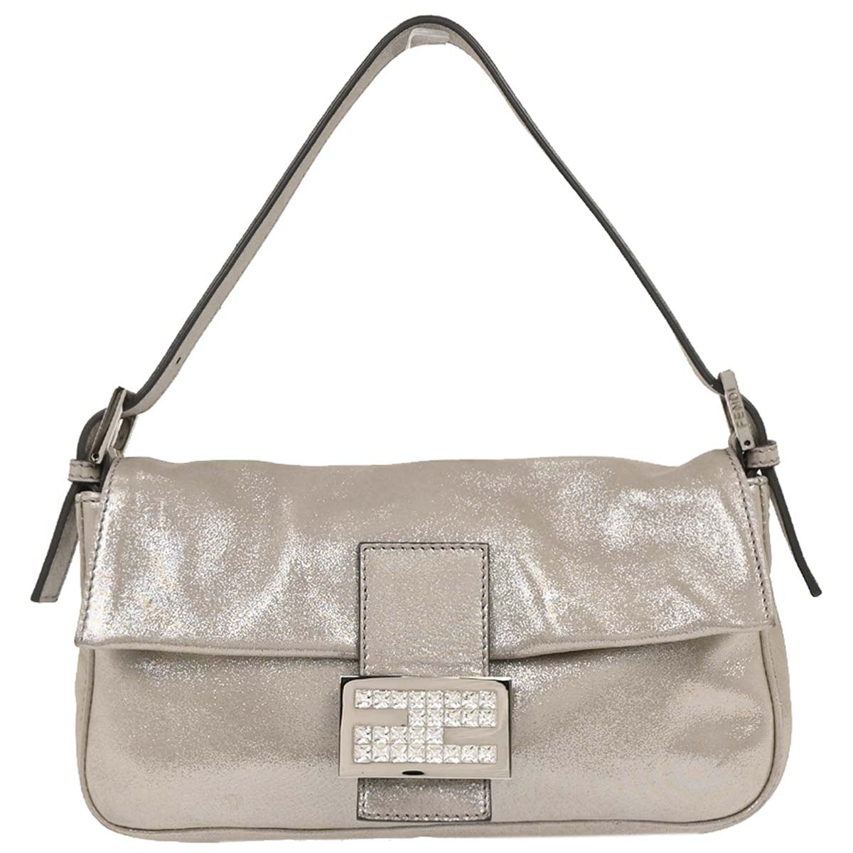 Fendi Metallic Silver Leather Baguette Handbag