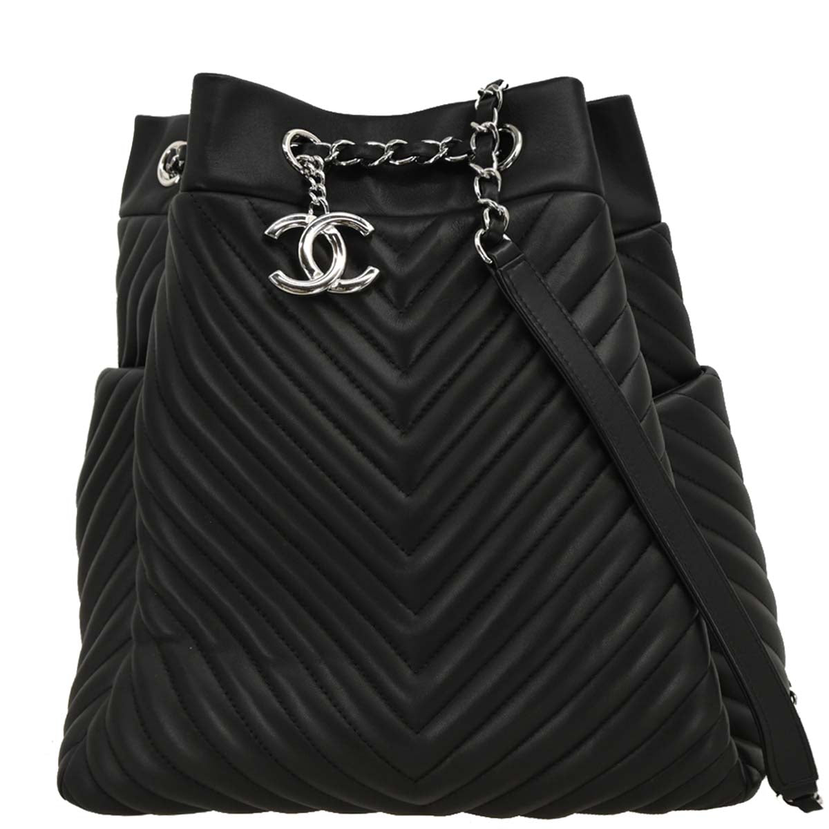 Chanel 2016-2017 Black Lambskin Chevron Drawstring Shoulder Bag