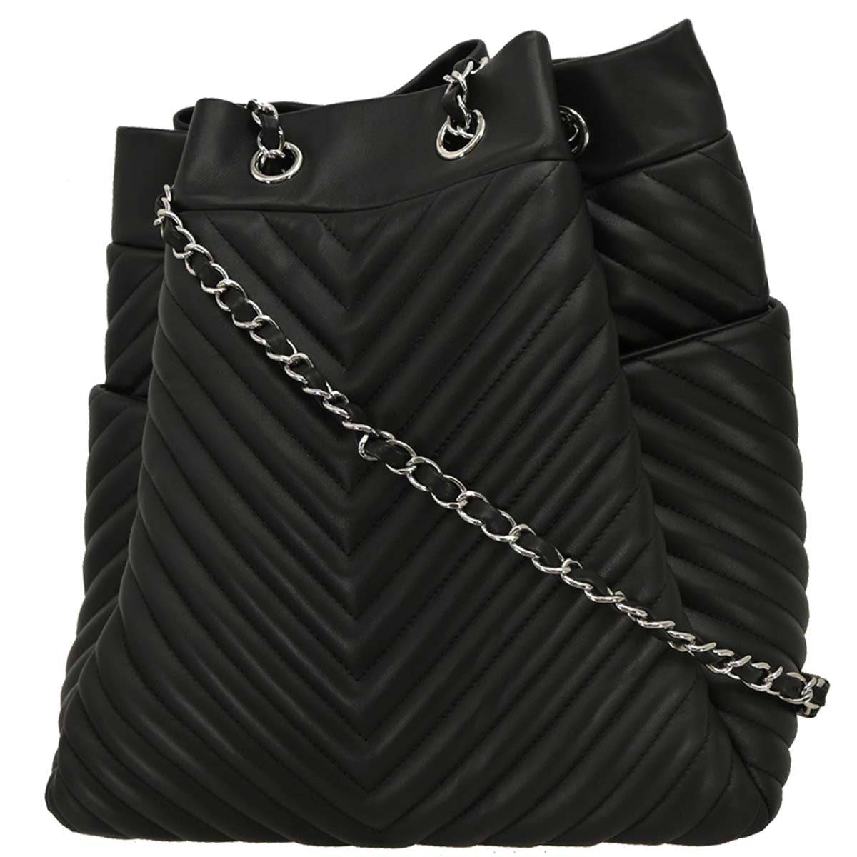 Chanel 2016-2017 Black Lambskin Chevron Drawstring Shoulder Bag