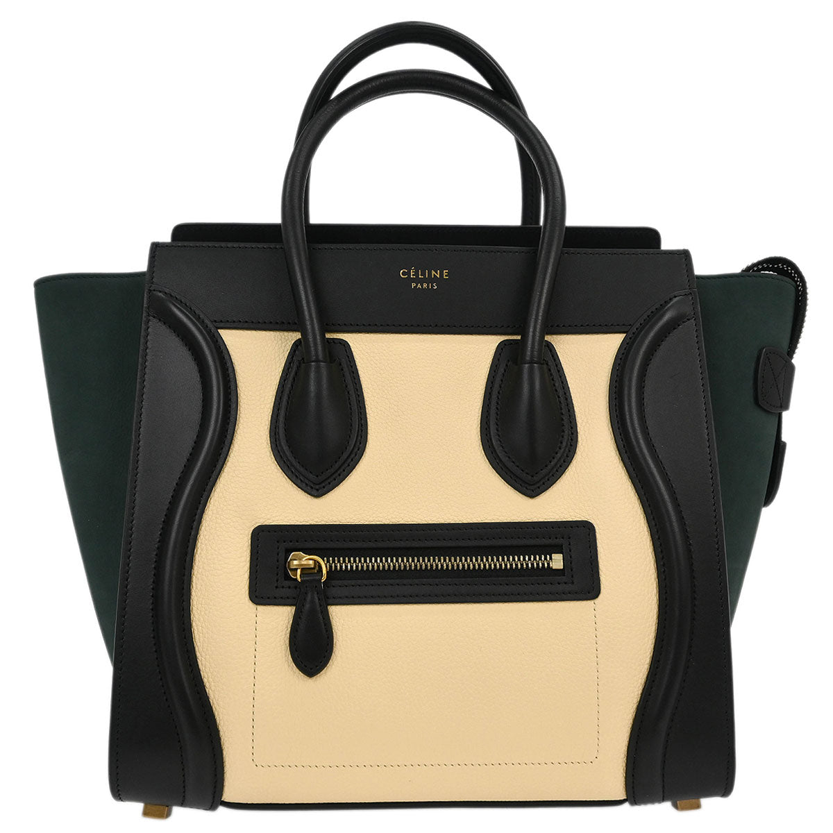 Celine Beige Black Dark Green Leather Micro Luggage Tote Bag