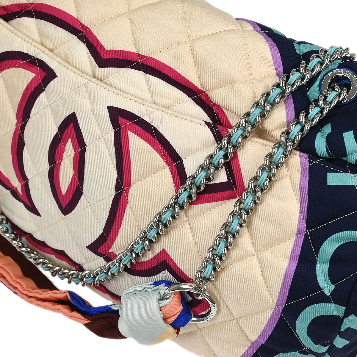 Chanel 2018 Light Blue Navy Satin XXL Quilted Printed Shoulder Bag
