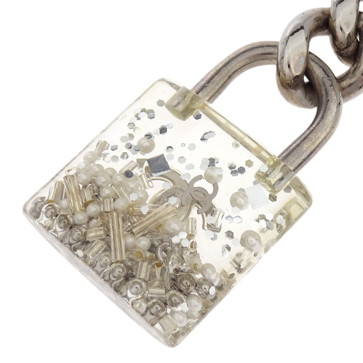 Chanel Silver Padlock Key Holder Bag Charm Small Good 14K