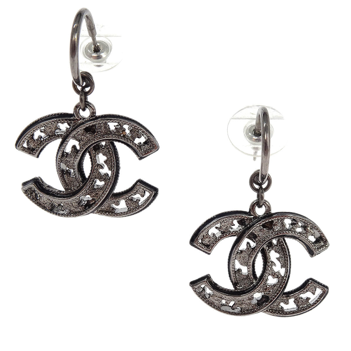 Chanel CC Dangle Piercing Earrings Silver 10A