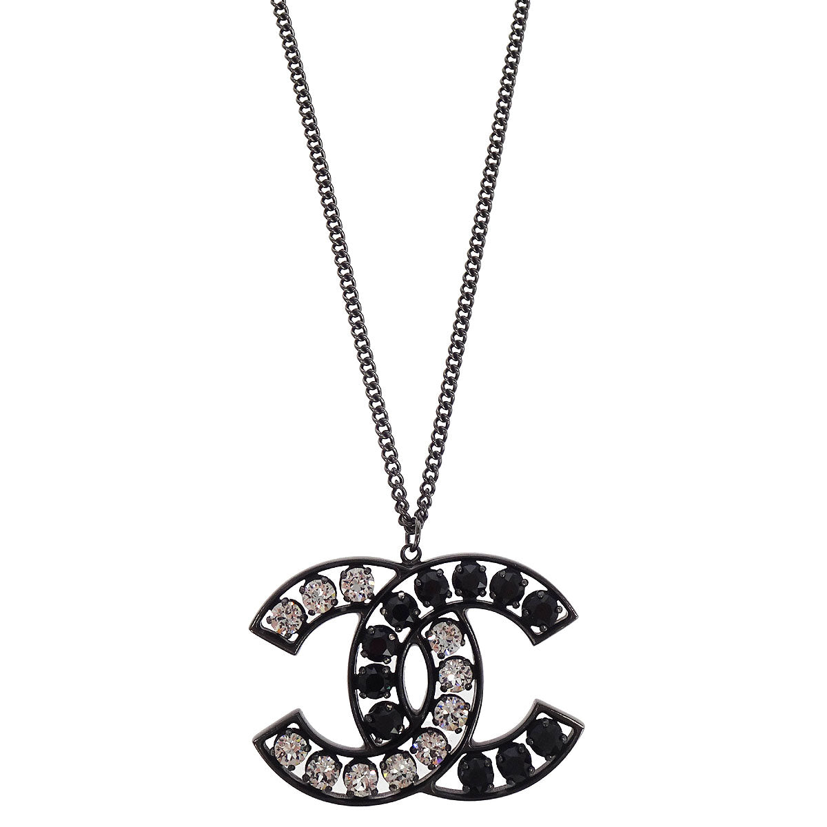 Chanel CC Chain Pendant Necklace Silver Black Rhinestone B15V