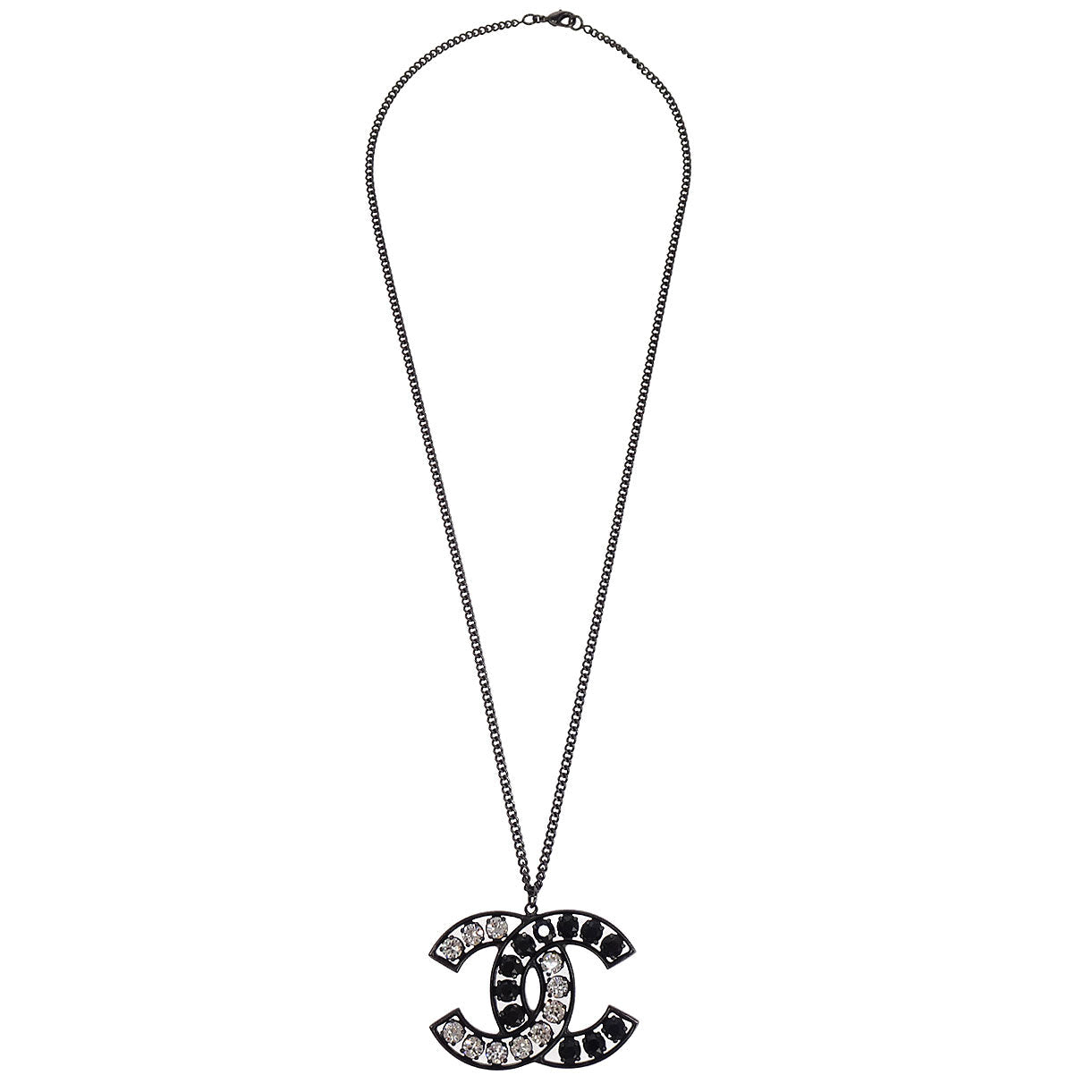 Chanel CC Chain Pendant Necklace Silver Black Rhinestone B15V