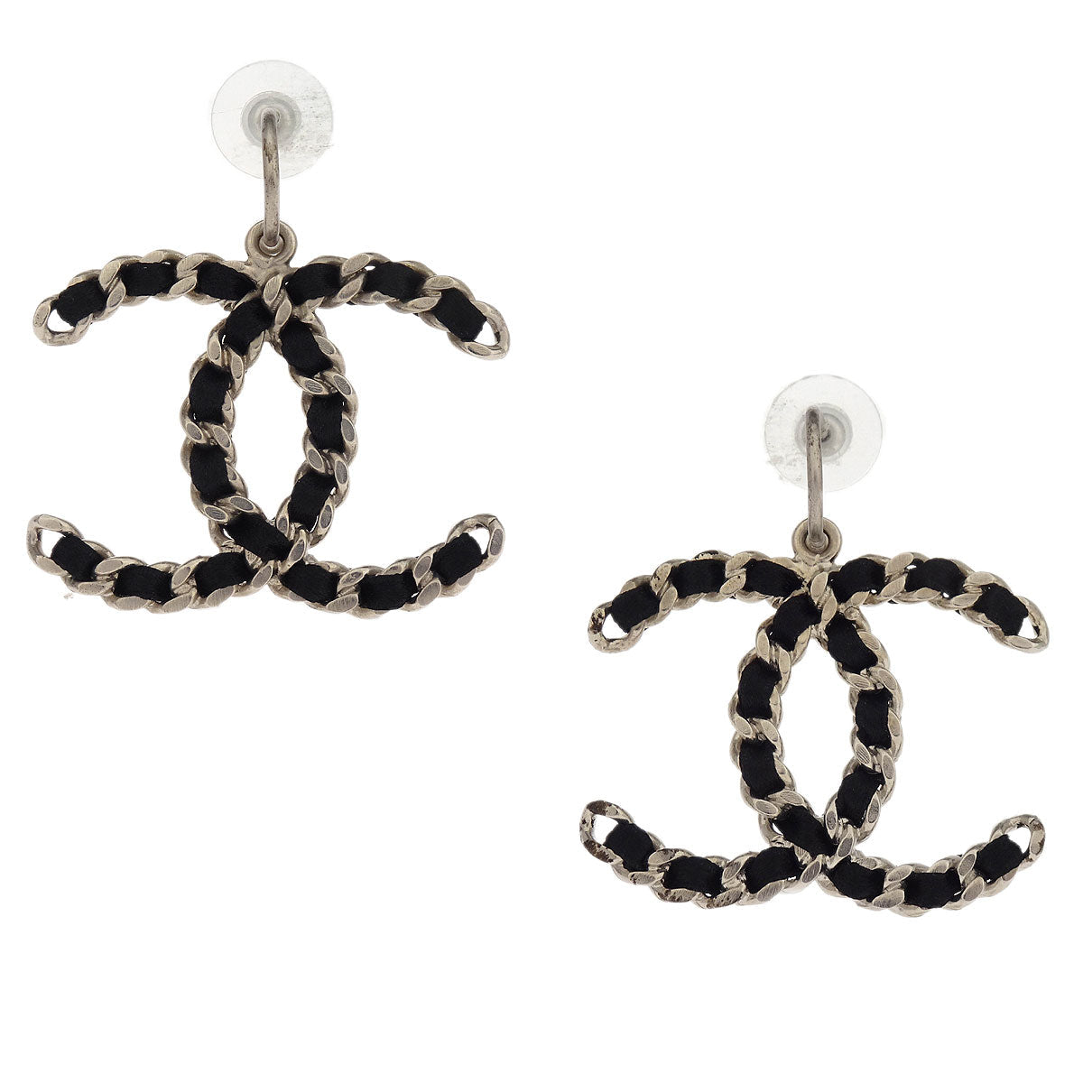 Chanel CC Dangle Piercing Earrings Black Silver Leather B12A