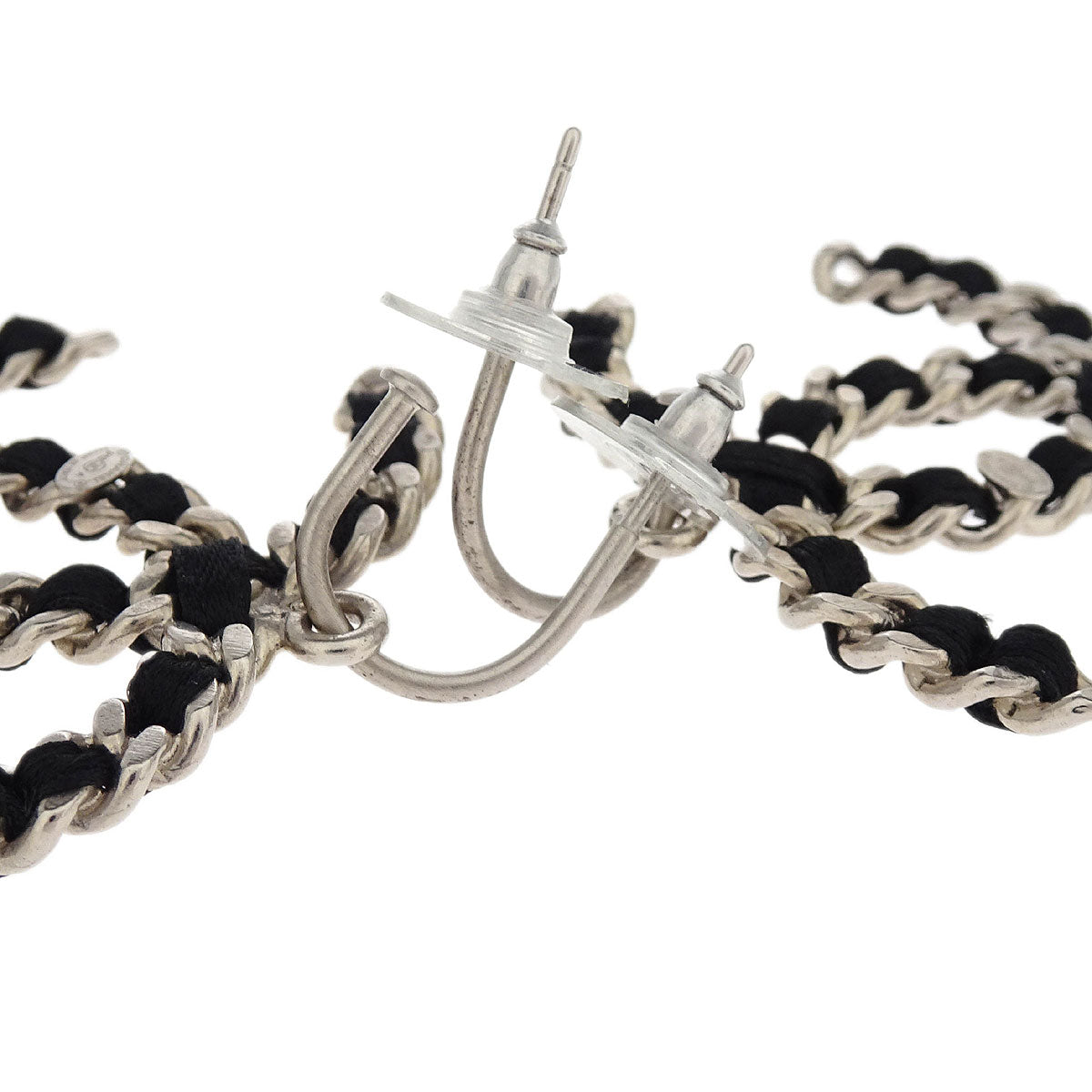 Chanel CC Dangle Piercing Earrings Black Silver Leather B12A