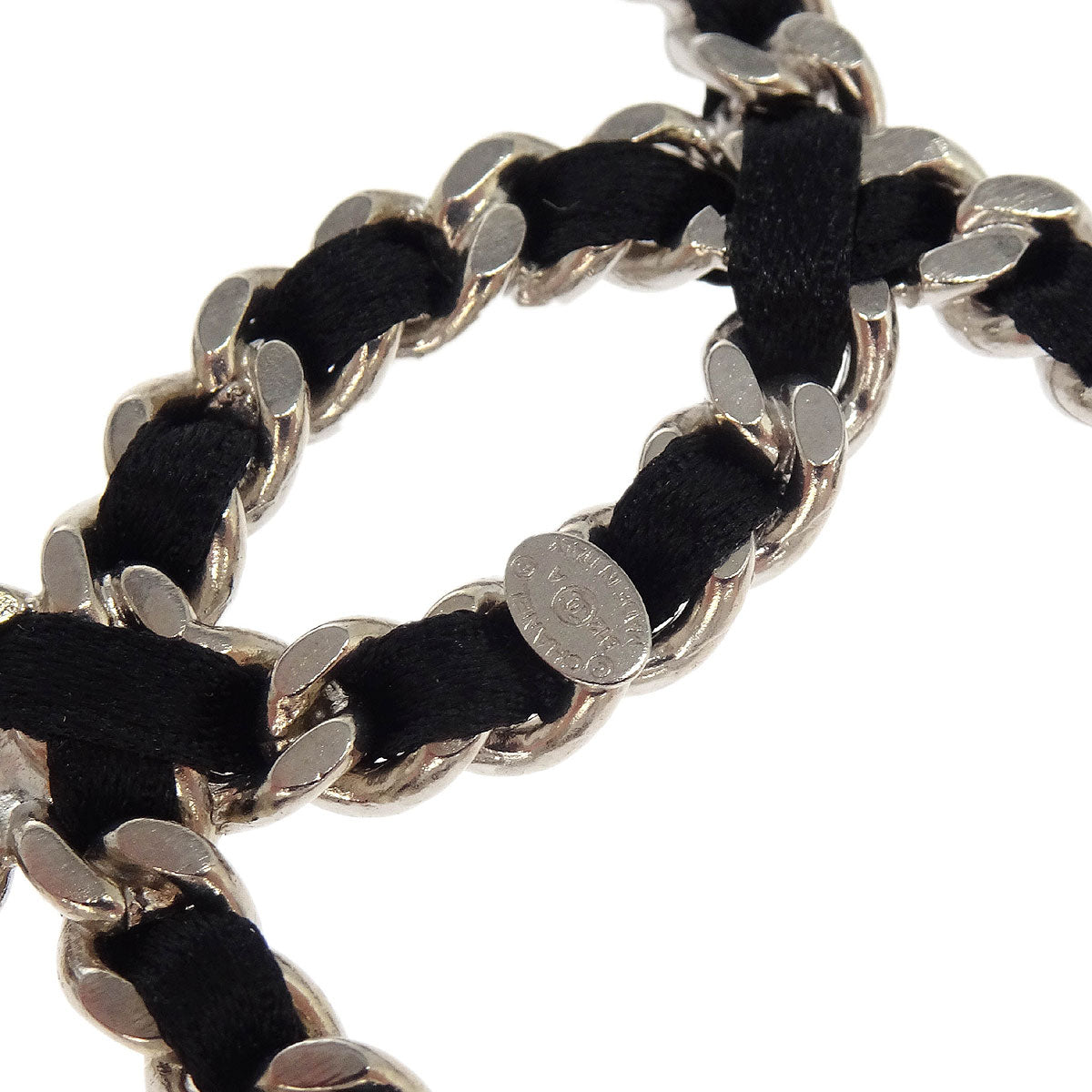 Chanel CC Dangle Piercing Earrings Black Silver Leather B12A