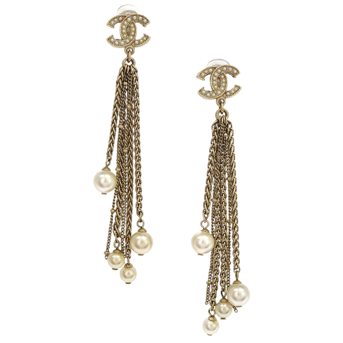 Chanel Costume Pearl Dangle CC Earrings Clip-On Gold A19C