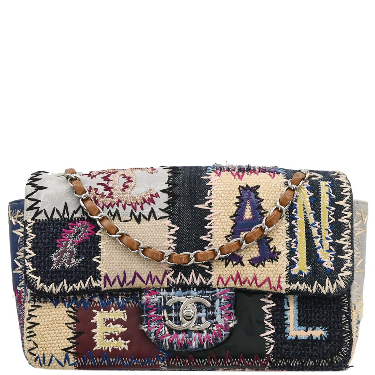 Chanel 2012 Navy Beige Denim Patchwork Single Flap Shoulder Bag