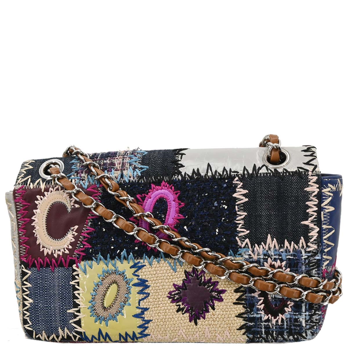 Chanel 2012 Navy Beige Denim Patchwork Single Flap Shoulder Bag