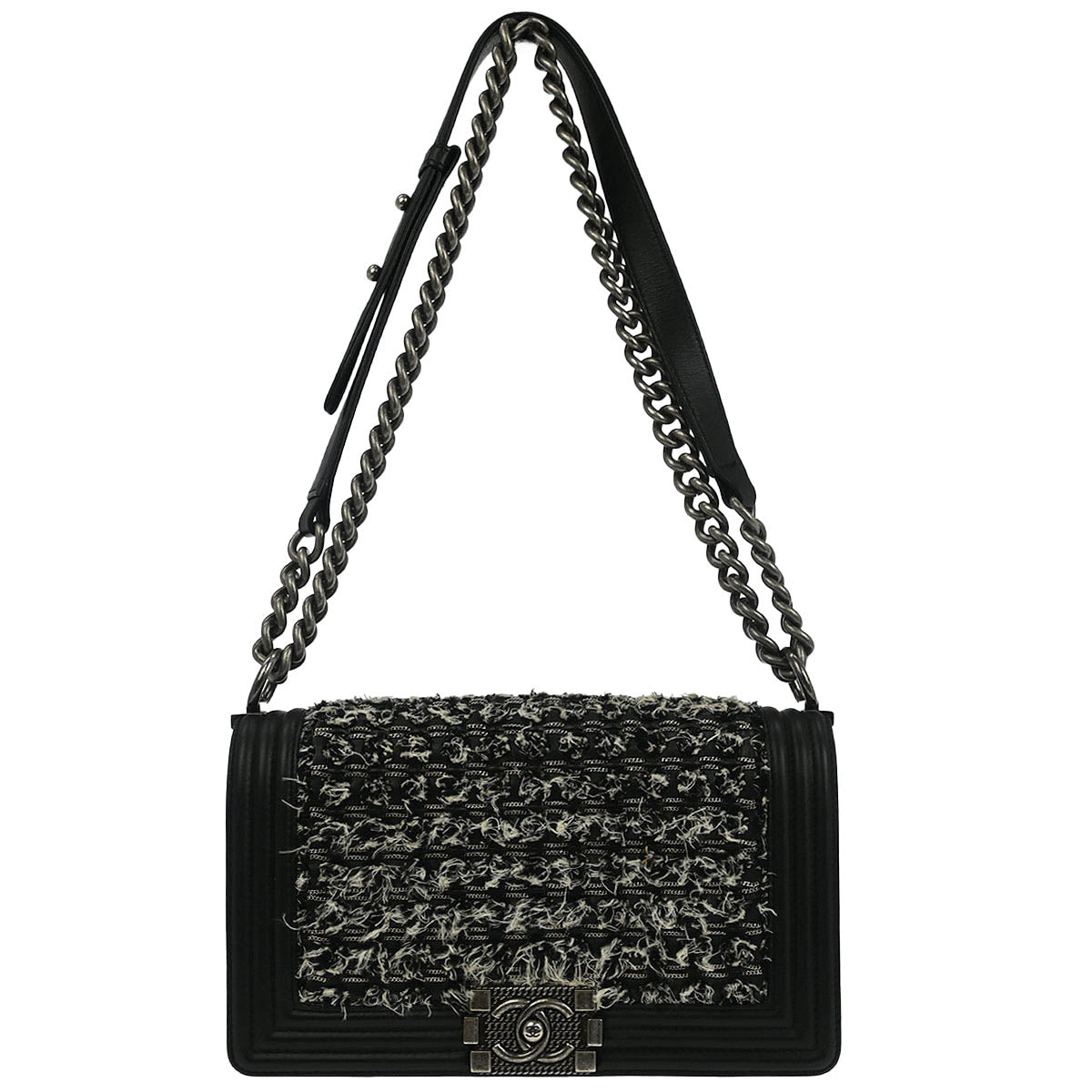 Boy Chanel 2017 Black Tweed Calfskin Medium Double Chain Shoulder Bag