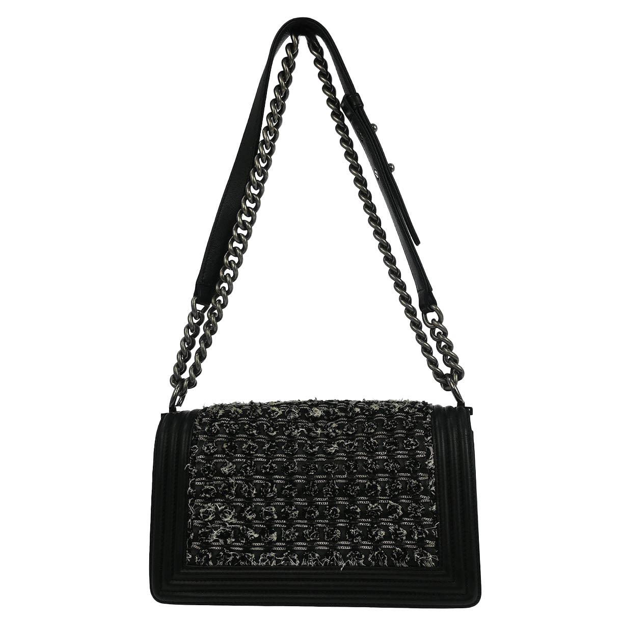 Boy Chanel 2017 Black Tweed Calfskin Medium Double Chain Shoulder Bag