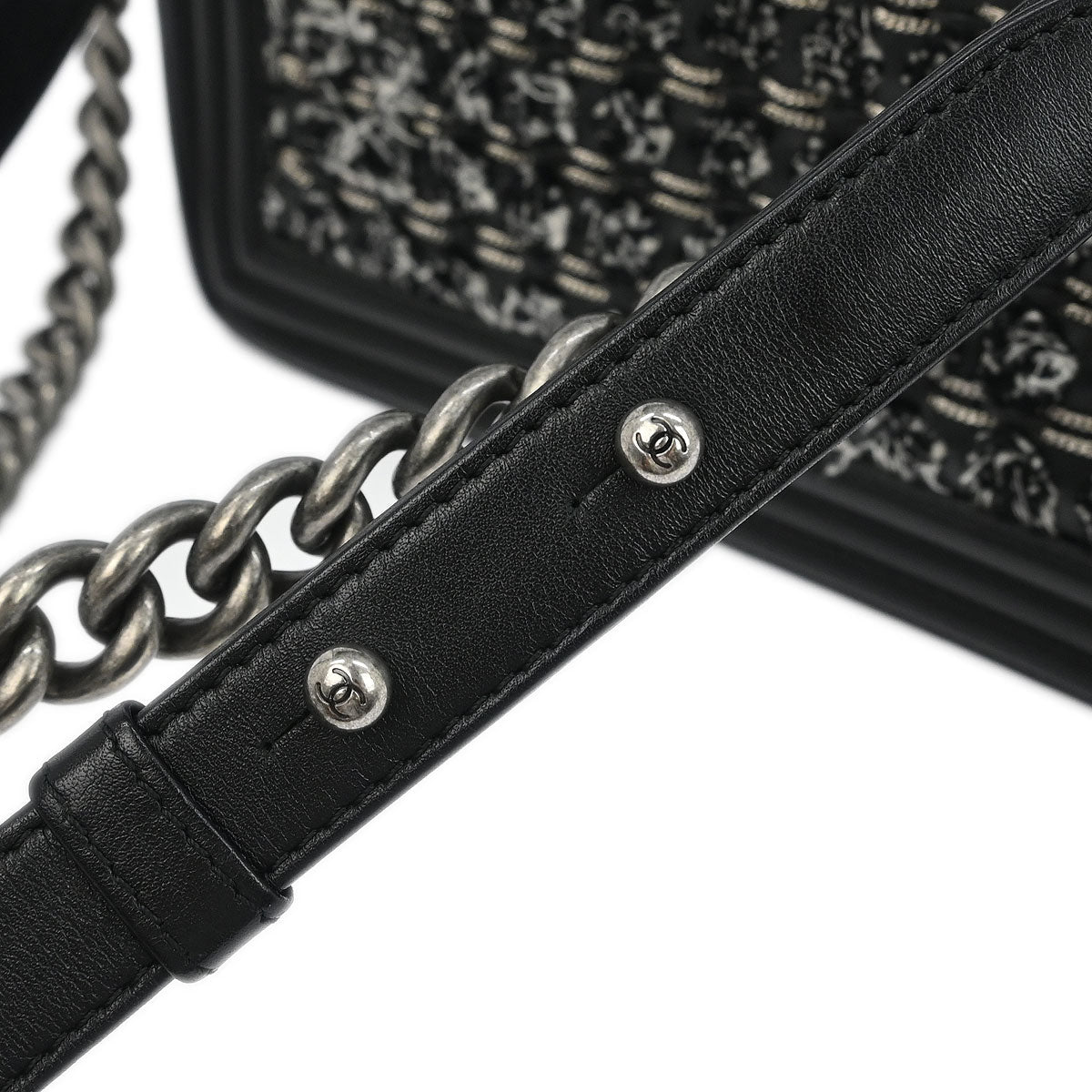 Boy Chanel 2017 Black Tweed Calfskin Medium Double Chain Shoulder Bag
