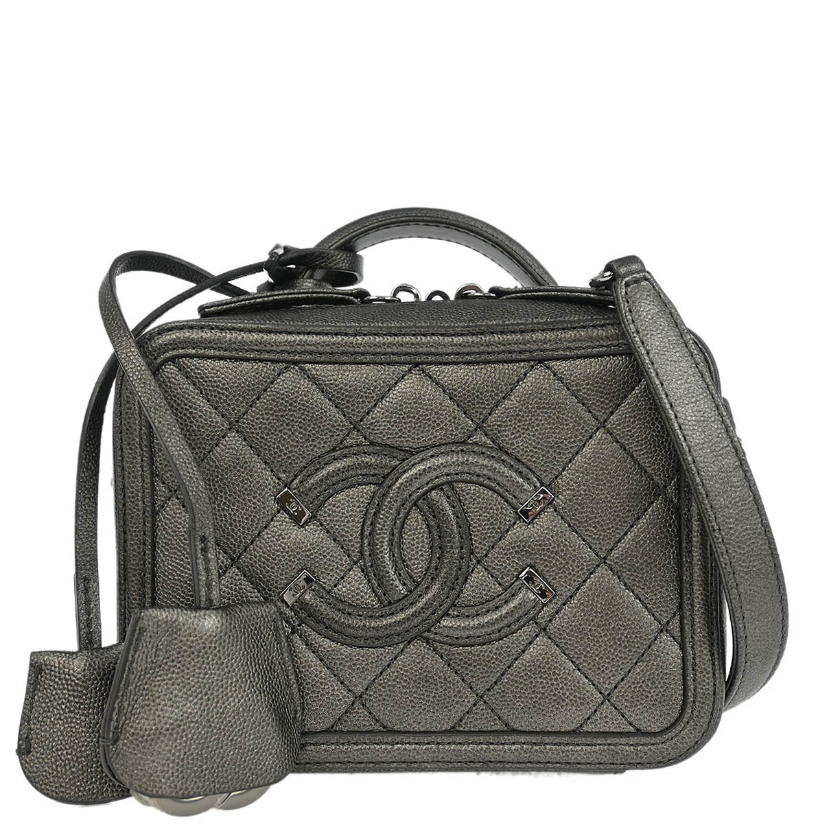 Chanel Metallic Gray Calfskin Filigree 2way Shoulder Vanity Handbag
