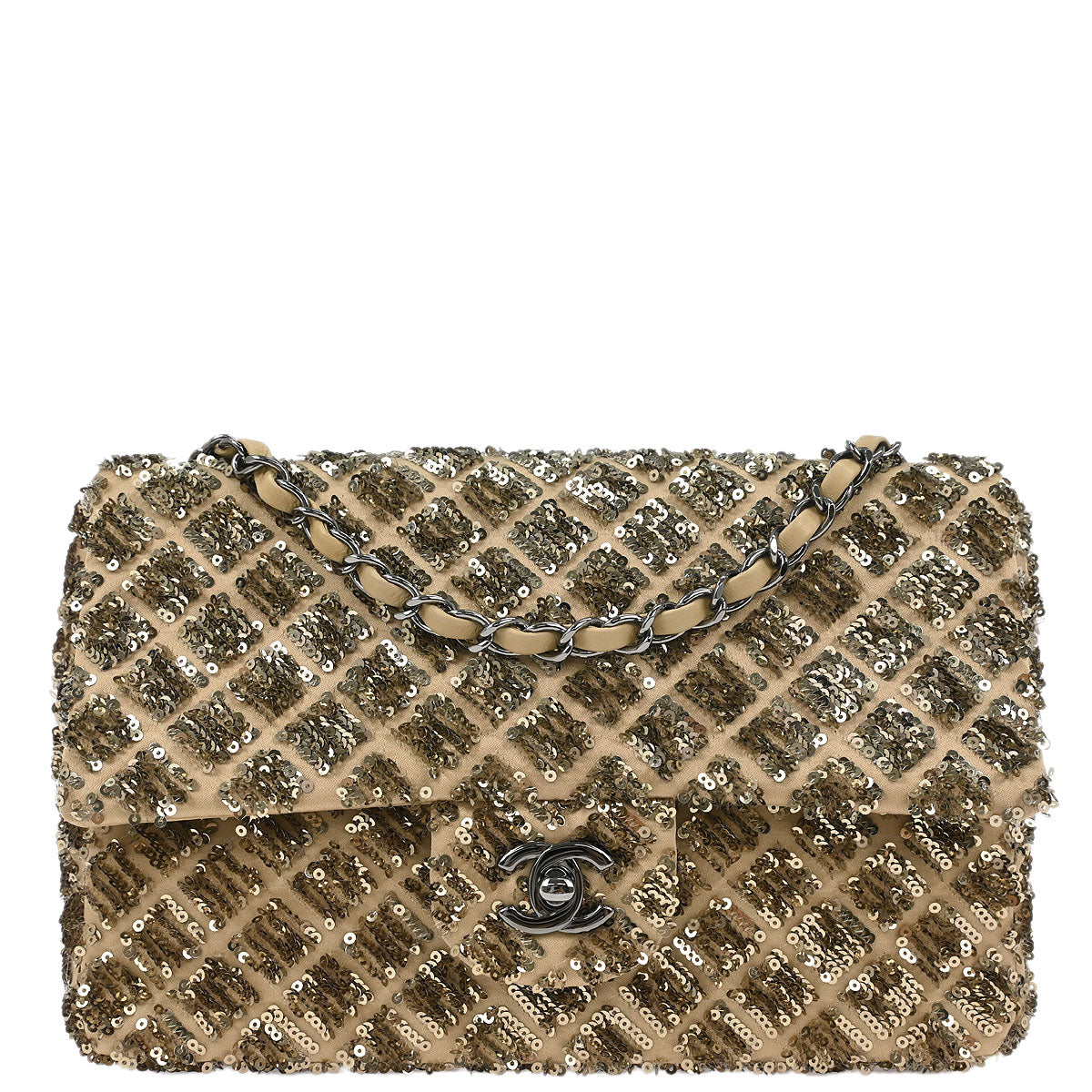 Chanel Beige Satin Sequins Shoulder Bag