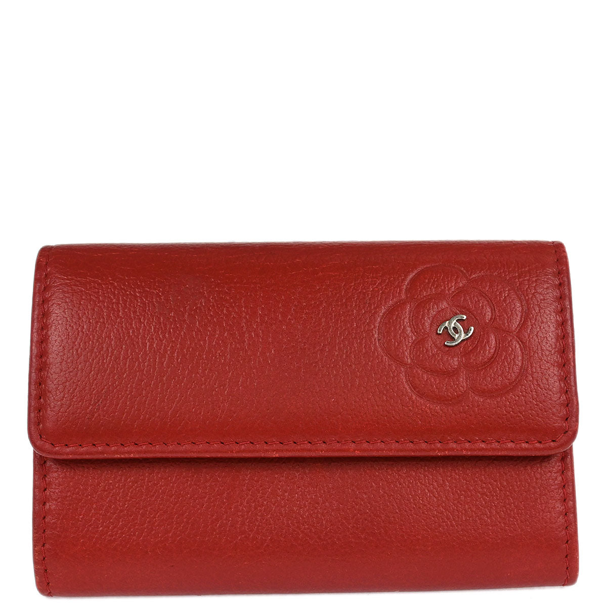 Chanel Red Calfskin Camellia Coin Purse Wallet