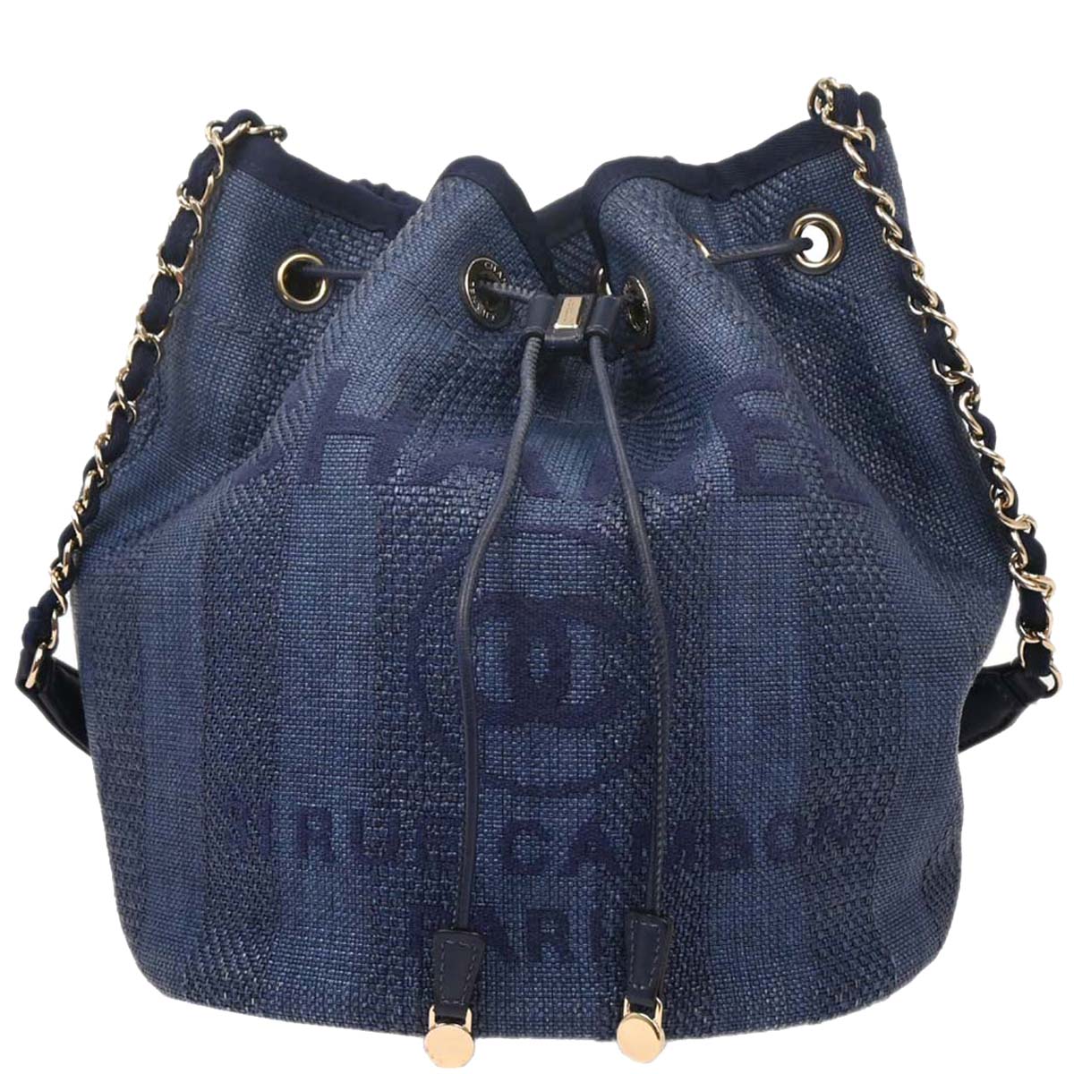 Chanel 2019 Navy Straw Deauville Bucket Shoulder Bag