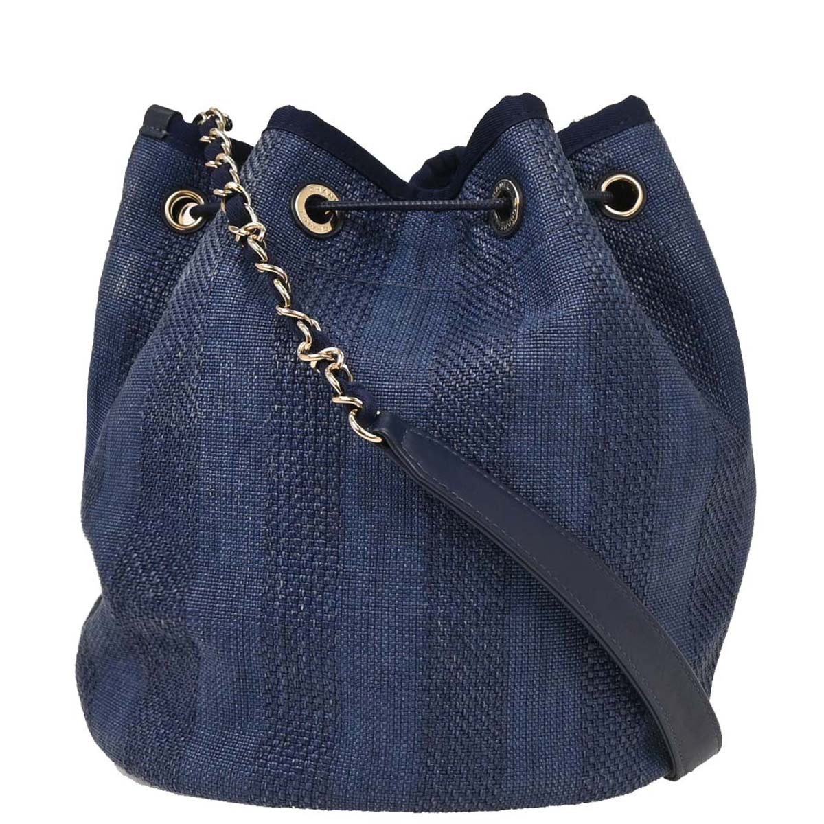 Chanel 2019 Navy Straw Deauville Bucket Shoulder Bag
