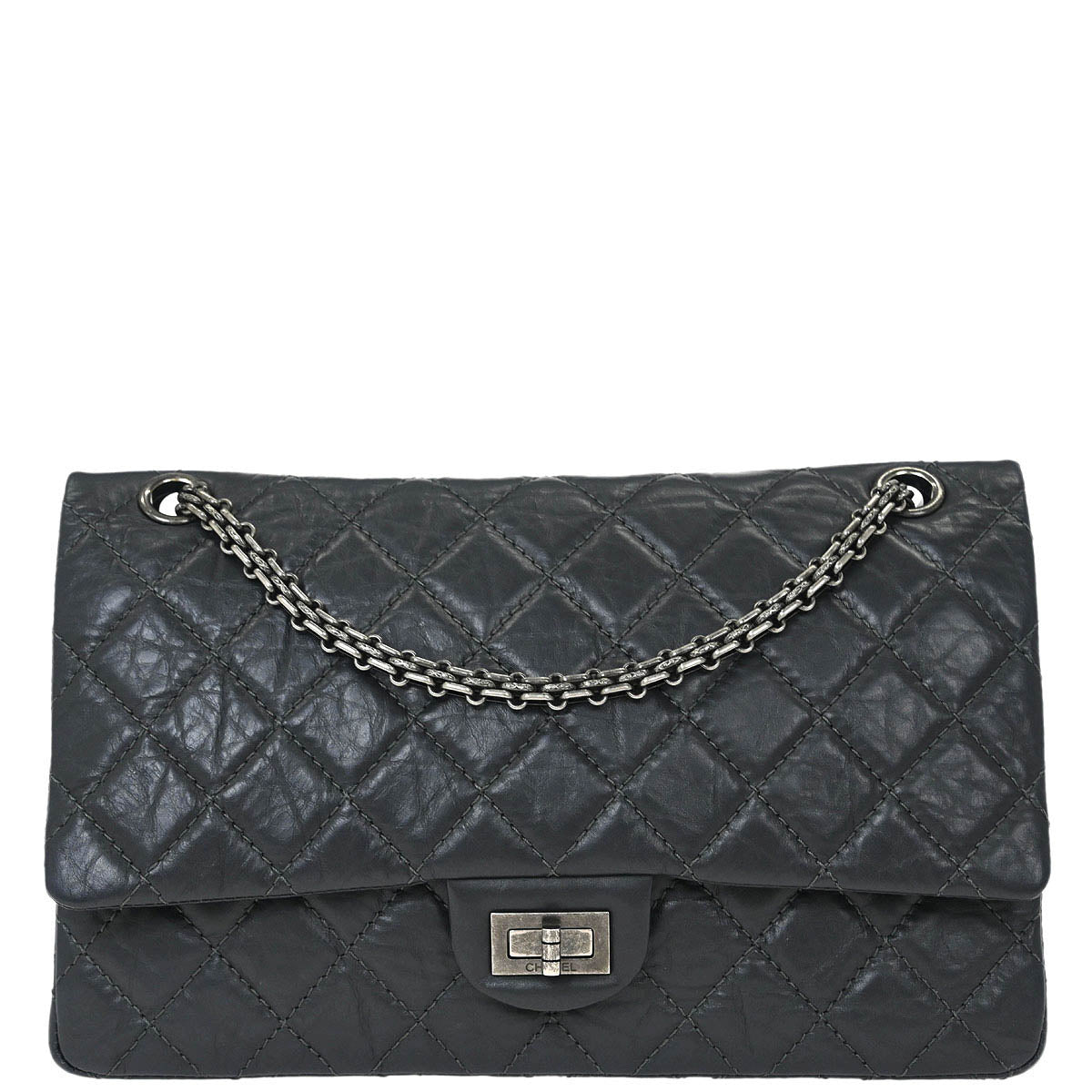 Chanel 2012 Gray Calfskin 2.55 Double Flap Shoulder Bag