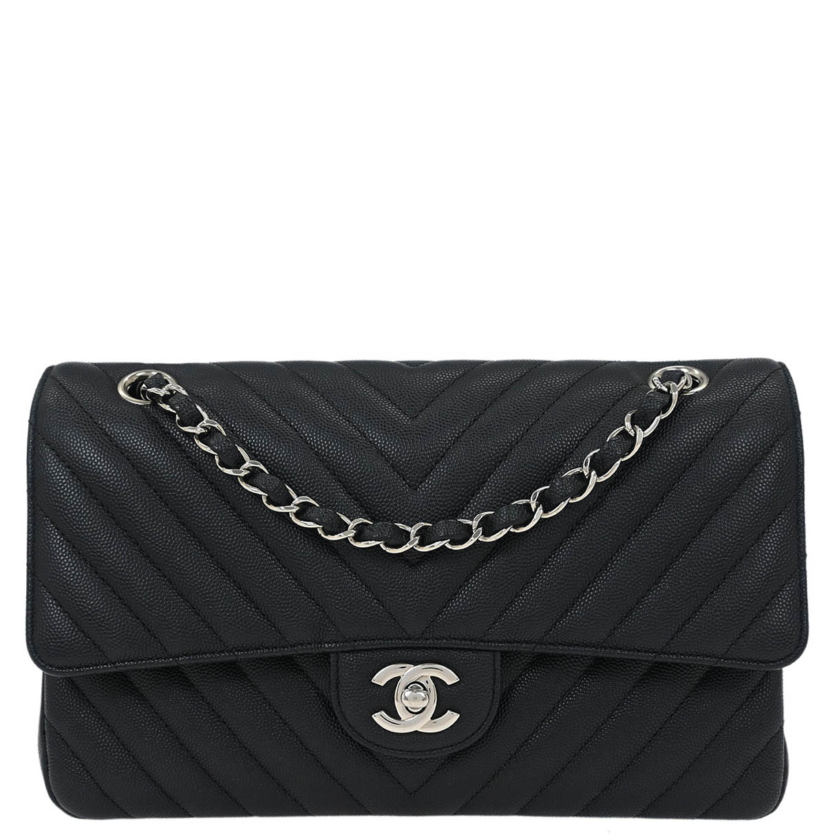 Chanel Black Caviar Chevron Medium Classic Double Flap Shoulder Bag