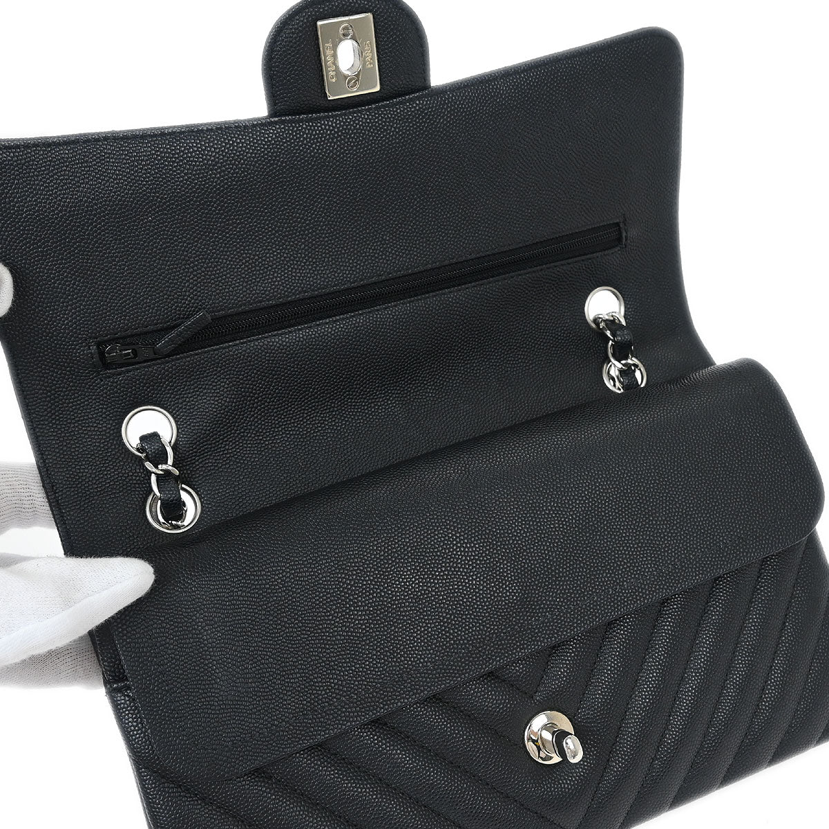 Chanel Black Caviar Chevron Medium Classic Double Flap Shoulder Bag