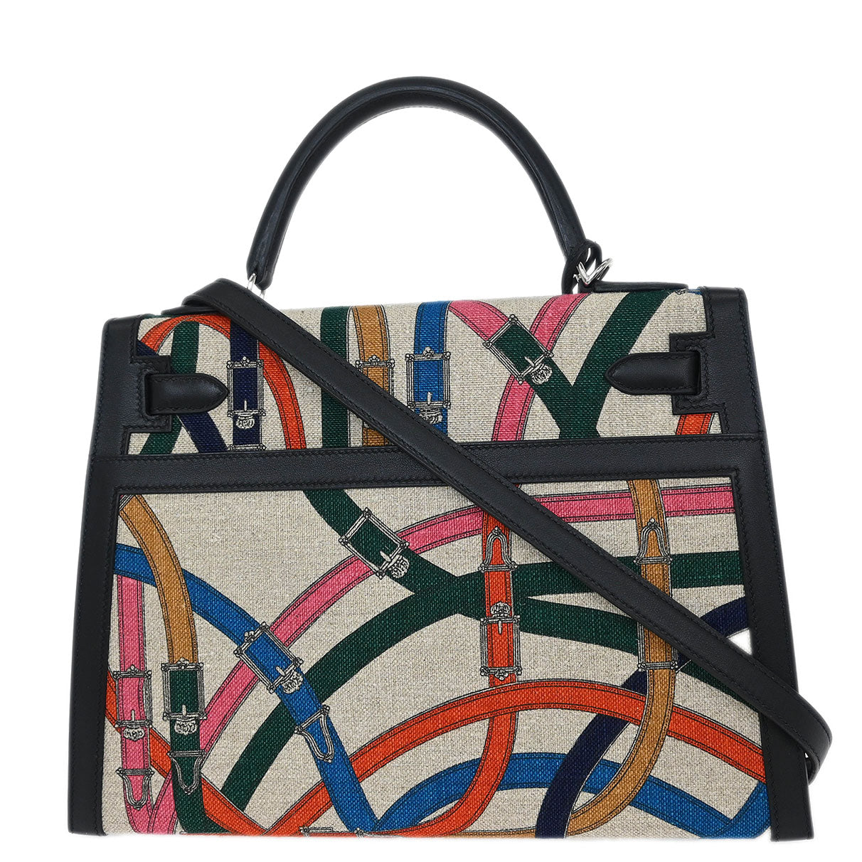 Hermes Black Toile De Camp Cavalcadour Kelly 32 Sellier Handbag