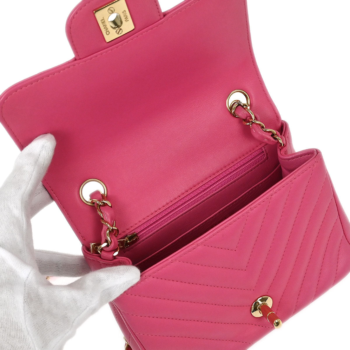 Chanel Pink Lambskin Chevron Mini Classic Square Flap Bag