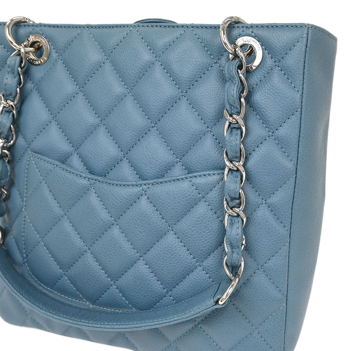 Chanel Light Blue Caviar Petite Shopping Tote PST Chain Handbag