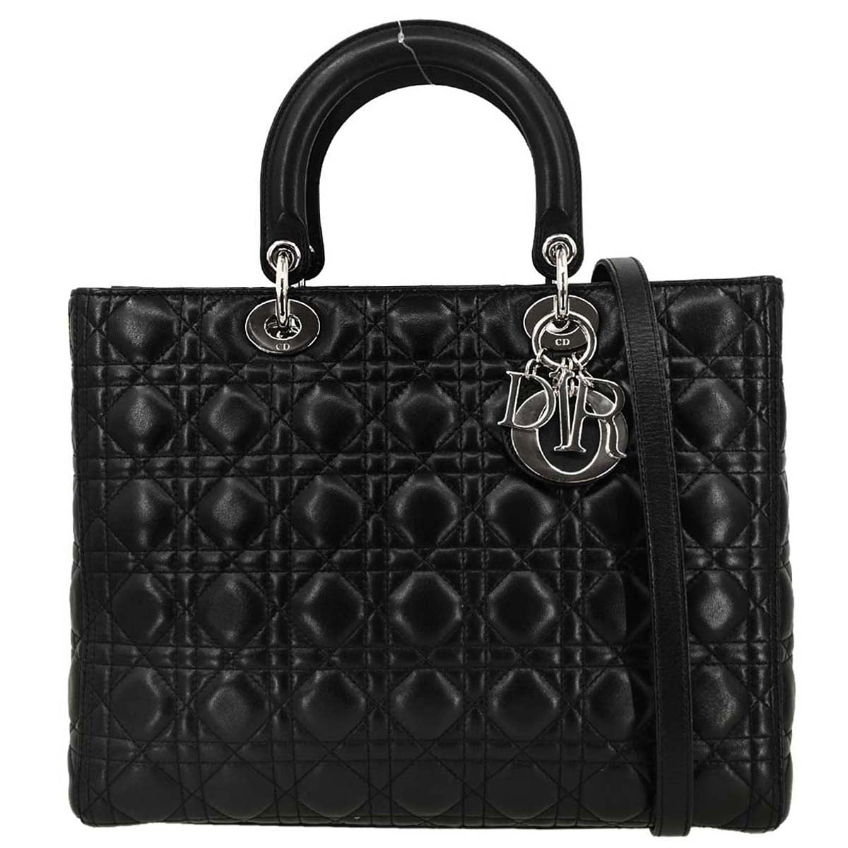 Christian Dior Black Lambskin Large Lady Dior Cannage 2way Shoulder Handbag